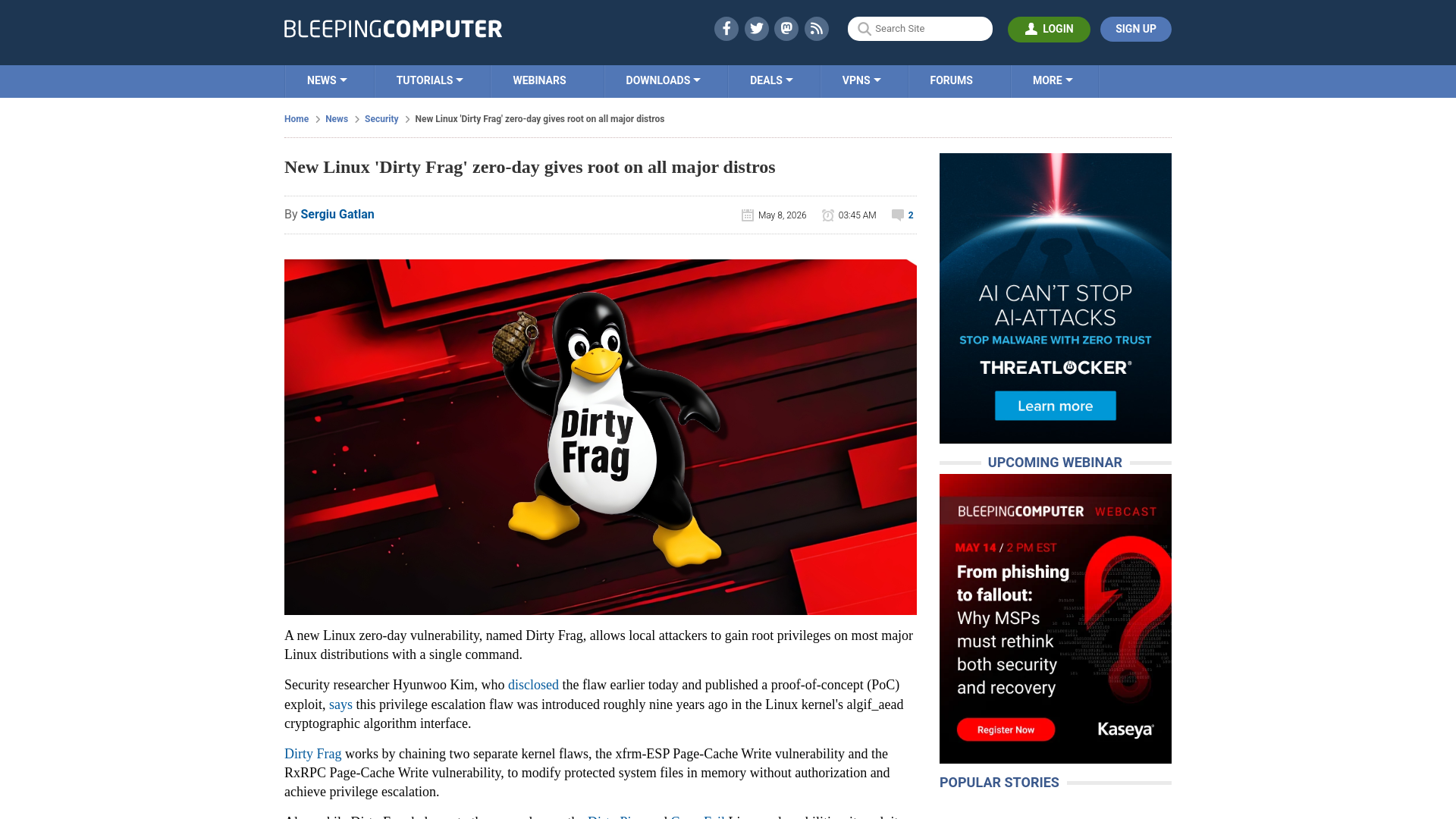 New Linux 'Dirty Frag' zero-day gives root on all major distros