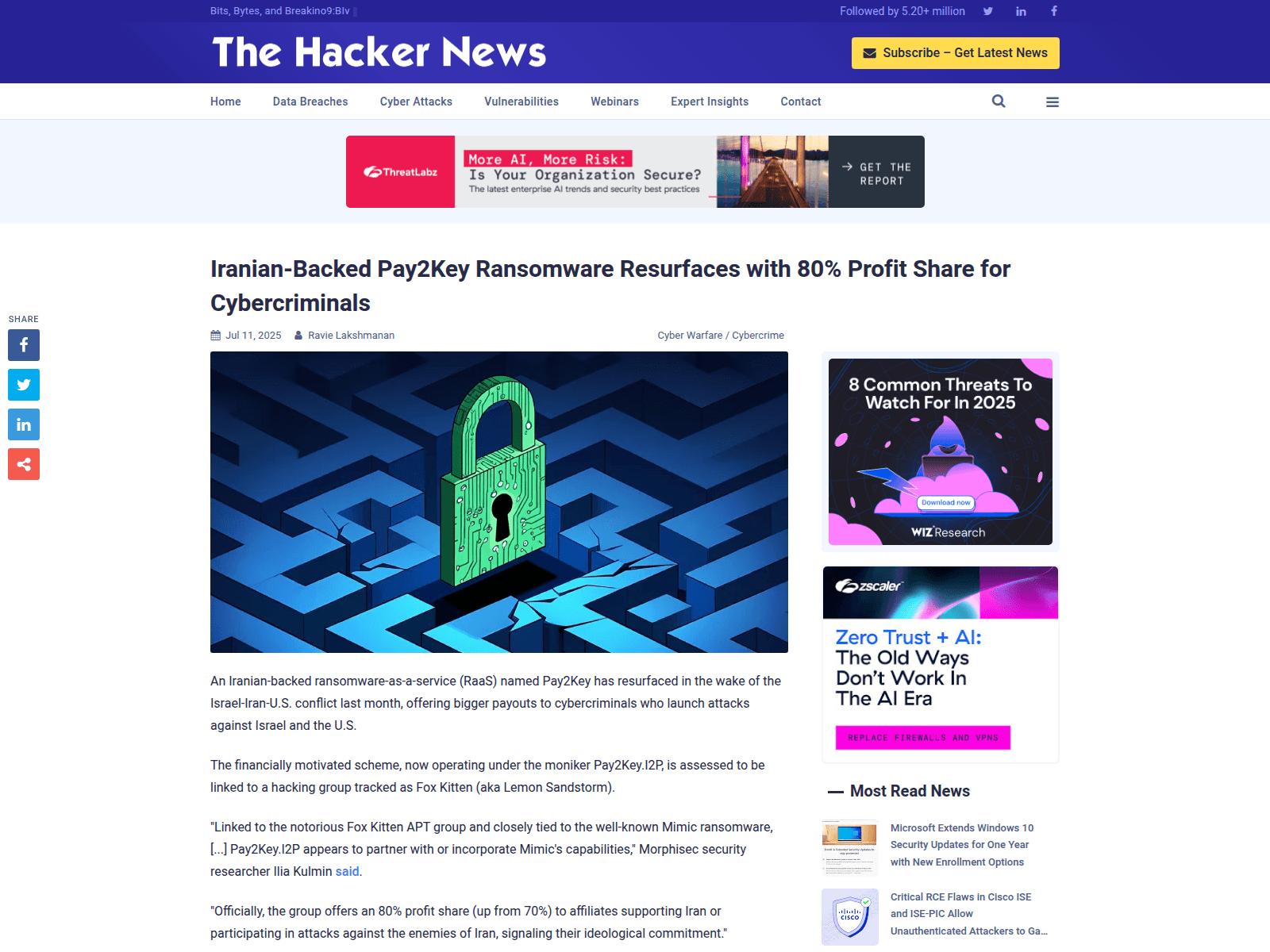 Iranian-Backed Pay2Key Ransomware Resurfaces with 80% Profit Share for Cybercriminals
