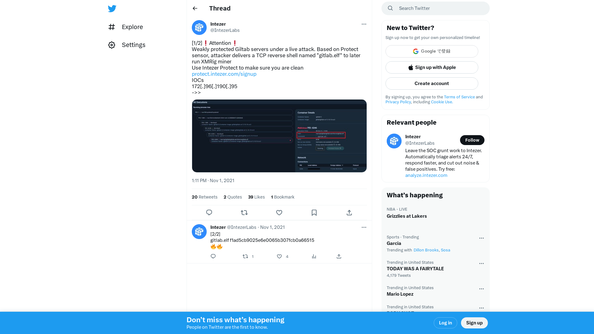 Intezer on Twitter: "[1/2]❗️Attention❗️ Weakly protected Giltab servers under a live attack. Based on Protect sensor, attacker delivers a TCP reverse shell named "gitlab.elf" to later run XMRig miner Use Intezer Protect to make sure you are clean https://t.co/esxO5iwpWK IOCs 172[.]96[.]190[.]95 ->> https://t.co/mZ8TP2dMi6" / Twitter