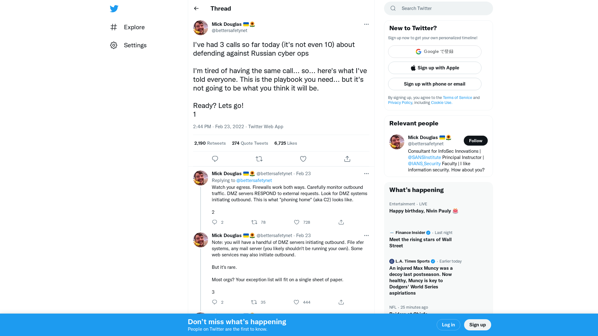 Mick Douglas 🇺🇦🌻 on Twitter: "I've had 3 calls so far today (it's not even 10) about defending against Russian cyber ops I'm tired of having the same call... so... here's what I've told everyone. This is the playbook you need... but it's not going to be what you think it will be. Ready? Lets go! 1" / Twitter