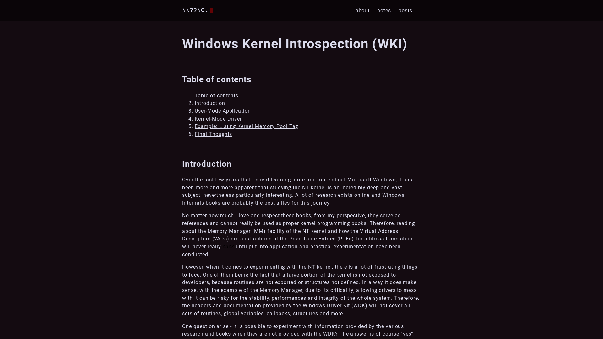 Windows Kernel Introspection (WKI) :: am0nsec