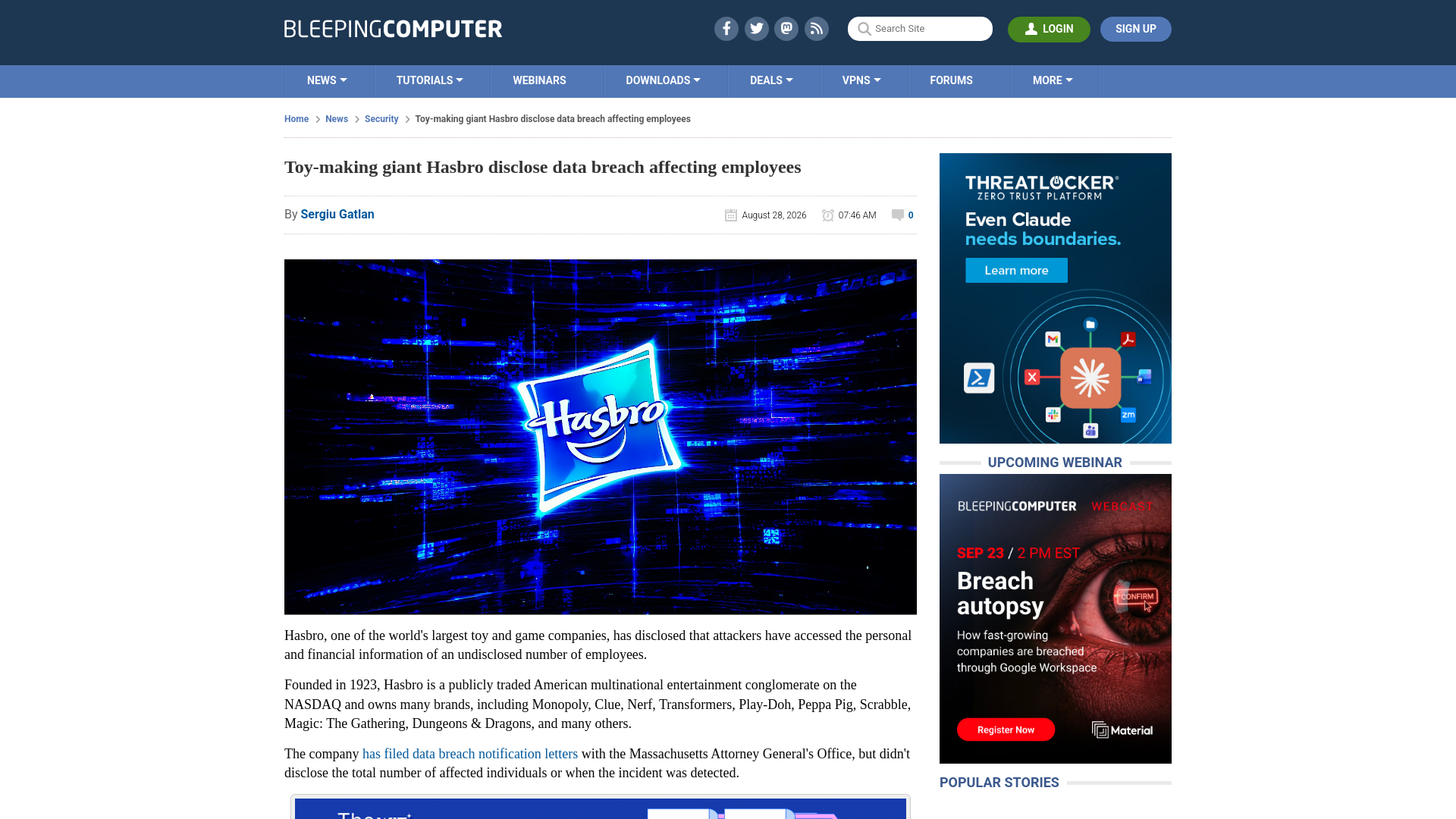 Toy-making giant Hasbro disclose data breach affecting employees