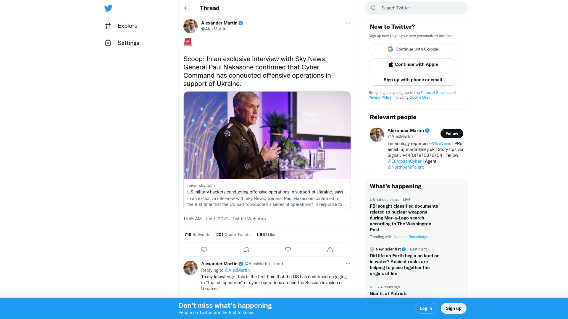 Alexander Martin on Twitter: "🚨 Scoop: In an exclusive interview with Sky News, General Paul Nakasone confirmed that Cyber Command has conducted offensive operations in support of Ukraine. https://t.co/HdLmwM17Uq" / Twitter