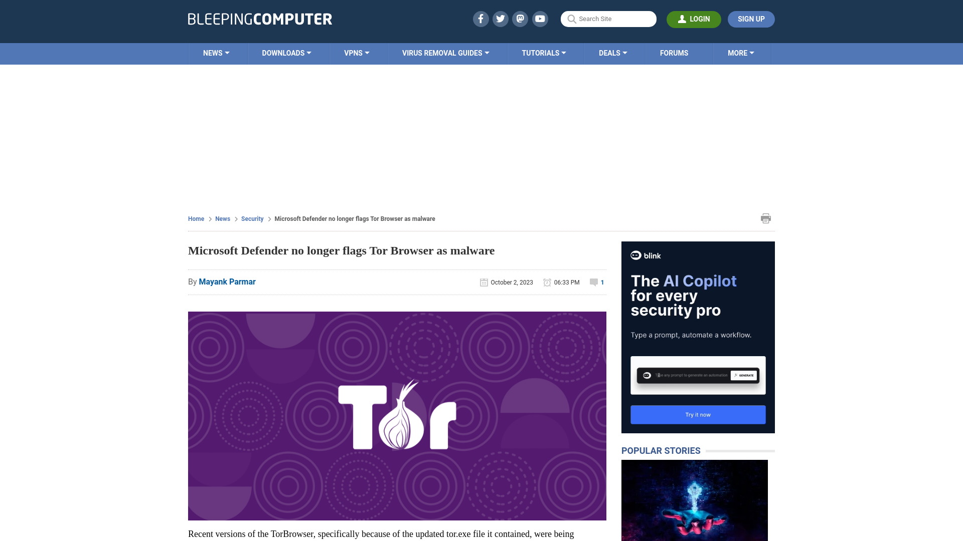 Microsoft Defender no longer flags Tor Browser as malware