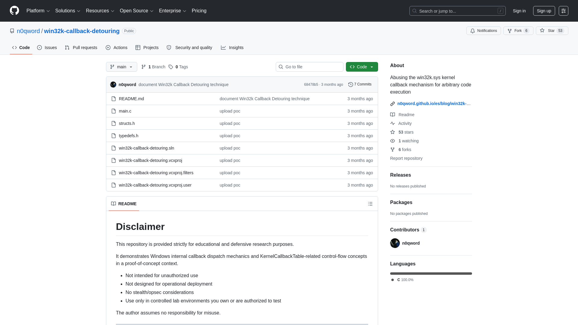 GitHub - n0qword/win32k-callback-detouring: Abusing the win32k.sys kernel callback mechanism for arbitrary code execution · GitHub