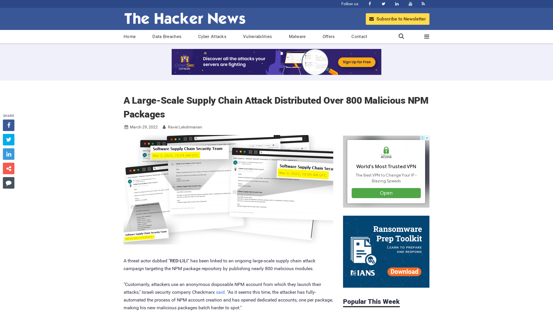 A Large-Scale Supply Chain Attack Distributed Over 800 Malicious NPM Packages