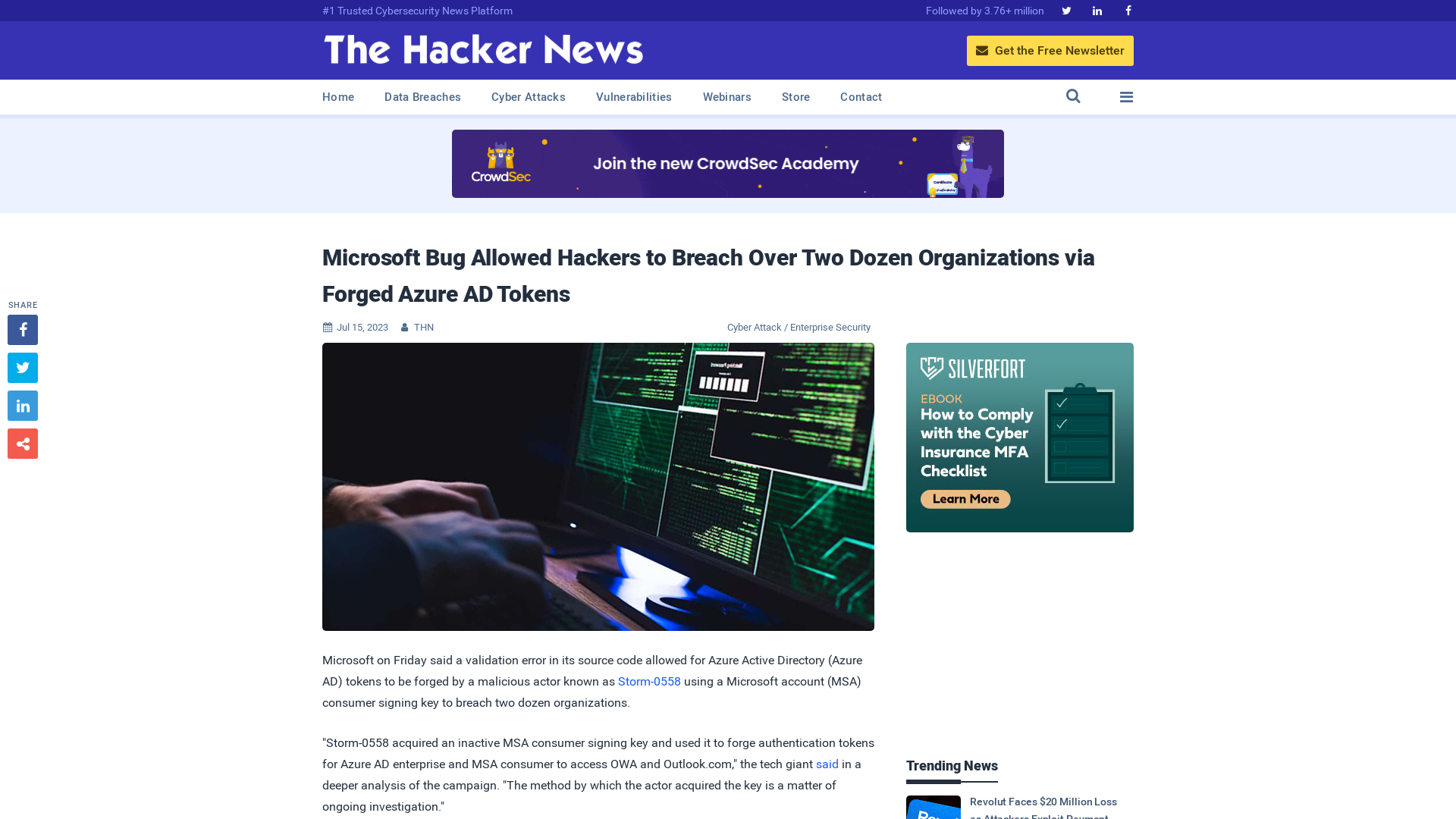 Microsoft Bug Allowed Hackers to Breach Over Two Dozen Organizations via Forged Azure AD Tokens