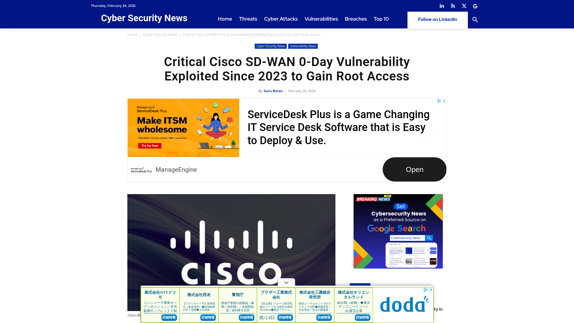 Critical Cisco SD-WAN 0-Day Vulnerability Exploited Since 2023 to Gain Root Access
