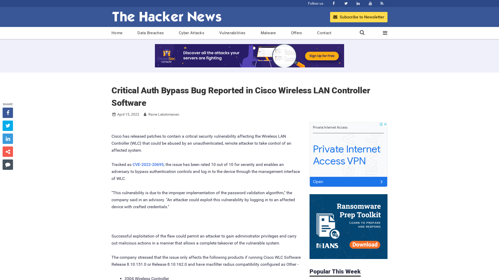 Critical Auth Bypass Bug Reported in Cisco Wireless LAN Controller Software