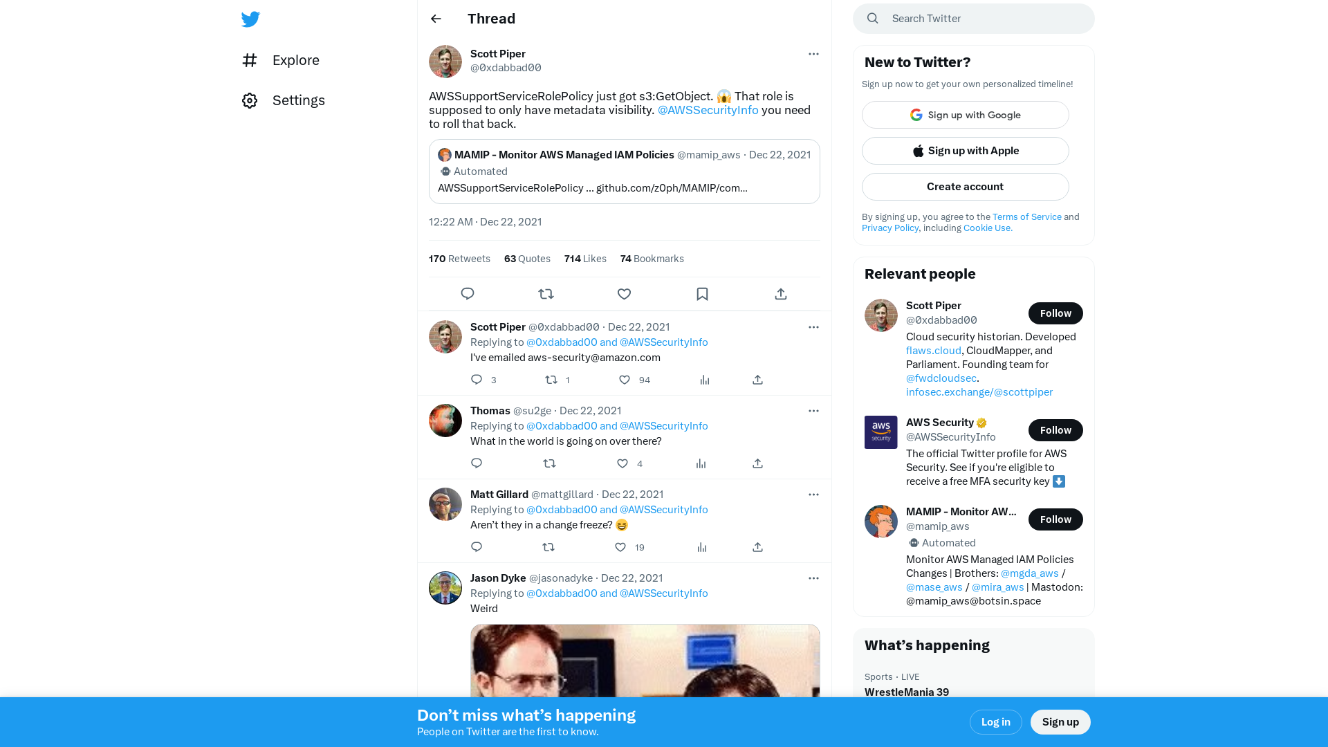 Scott Piper on Twitter: "AWSSupportServiceRolePolicy just got s3:GetObject. 😱 That role is supposed to only have metadata visibility. @AWSSecurityInfo you need to roll that back." / Twitter