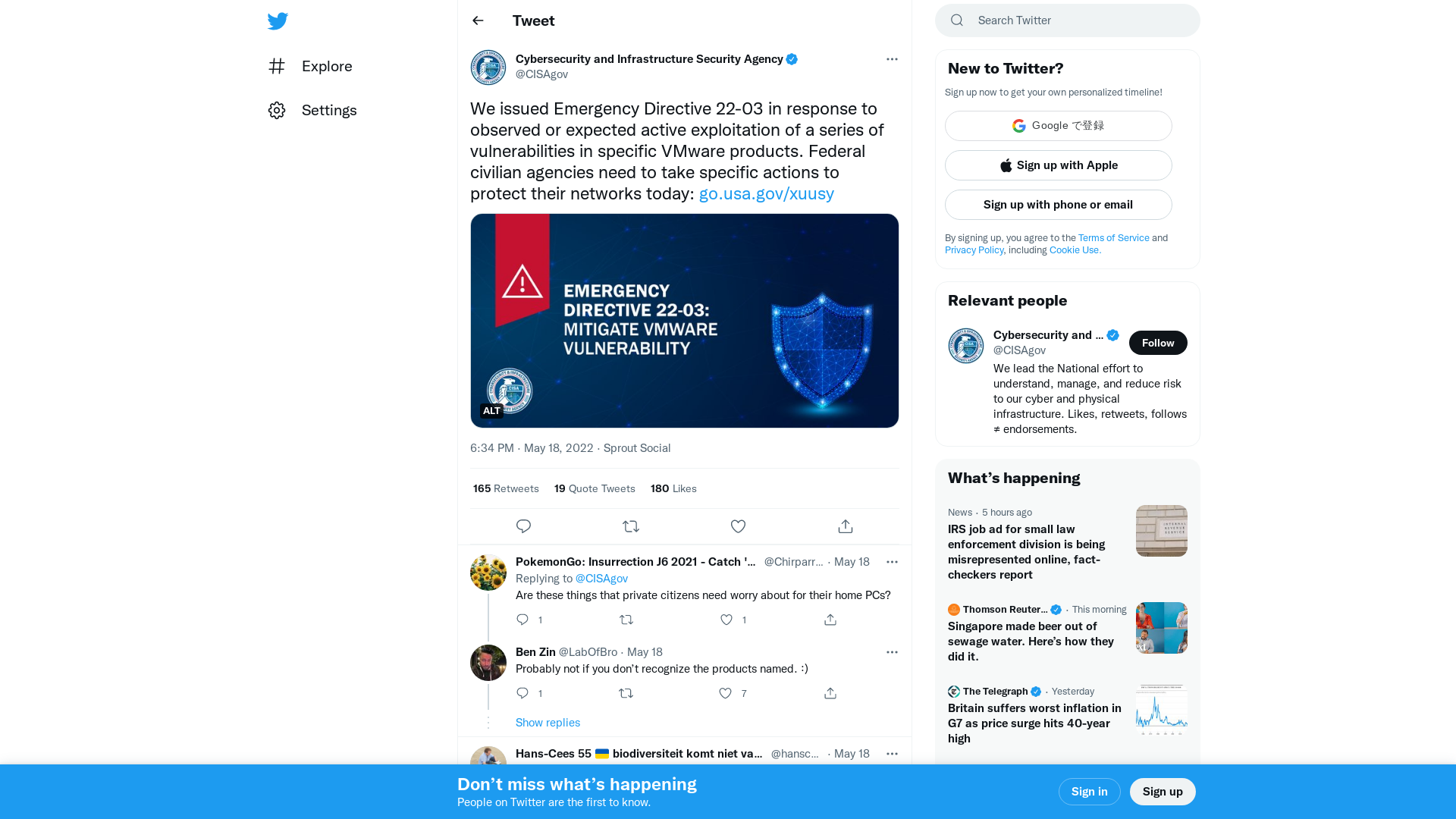Cybersecurity and Infrastructure Security Agency on Twitter: "We issued Emergency Directive 22-03 in response to observed or expected active exploitation of a series of vulnerabilities in specific VMware products. Federal civilian agencies need to take specific actions to protect their networks today: https://t.co/wyHkKez91U https://t.co/PJfb4iEQtP" / Twitter