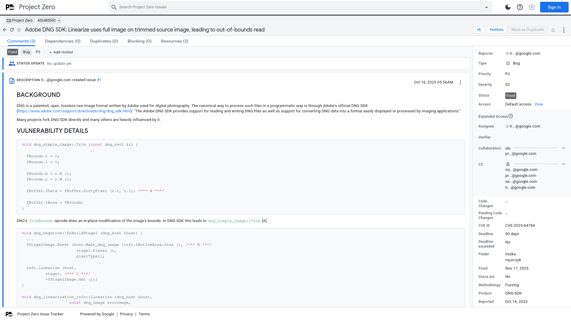 Adobe DNG SDK: Linearize uses full image on trimmed source image, leading to out-of-bounds read [452483592] - Project Zero