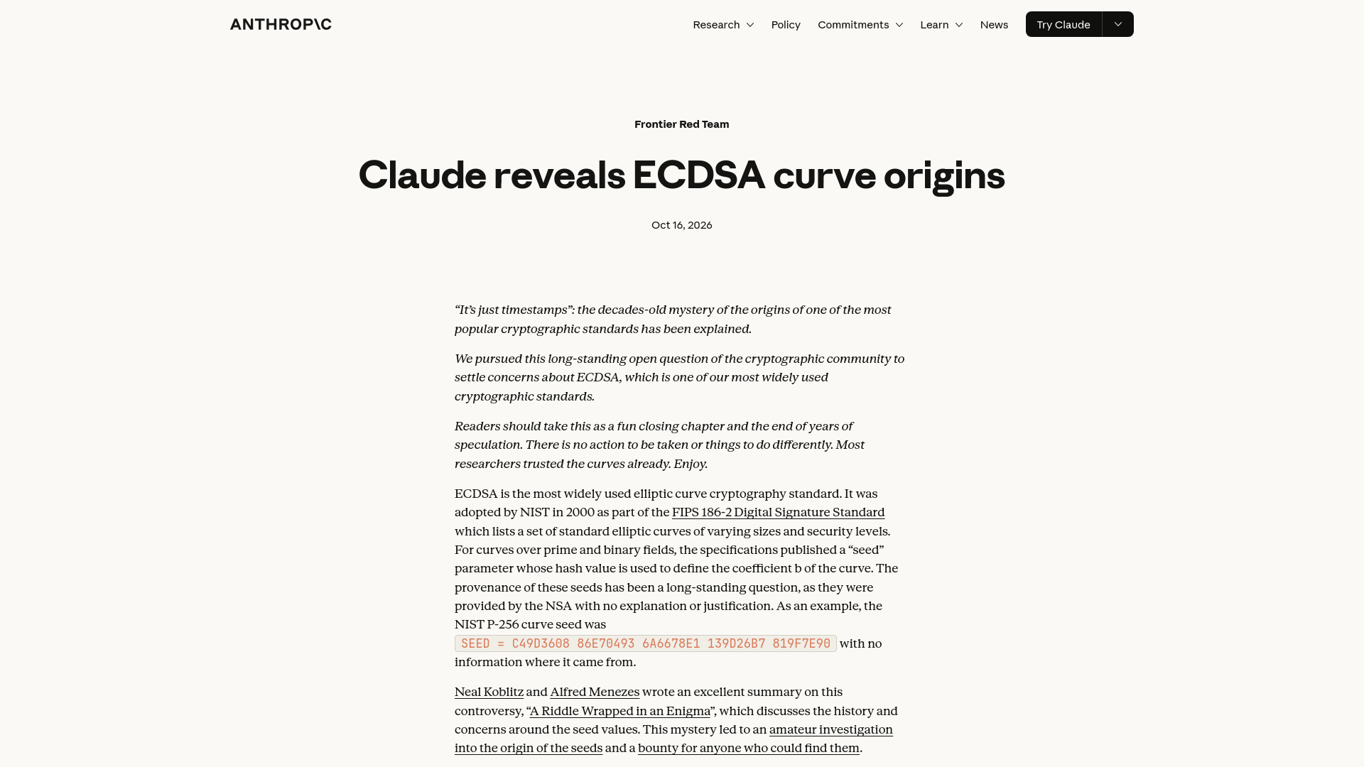 Claude reveals ECDSA curve origins \ Anthropic