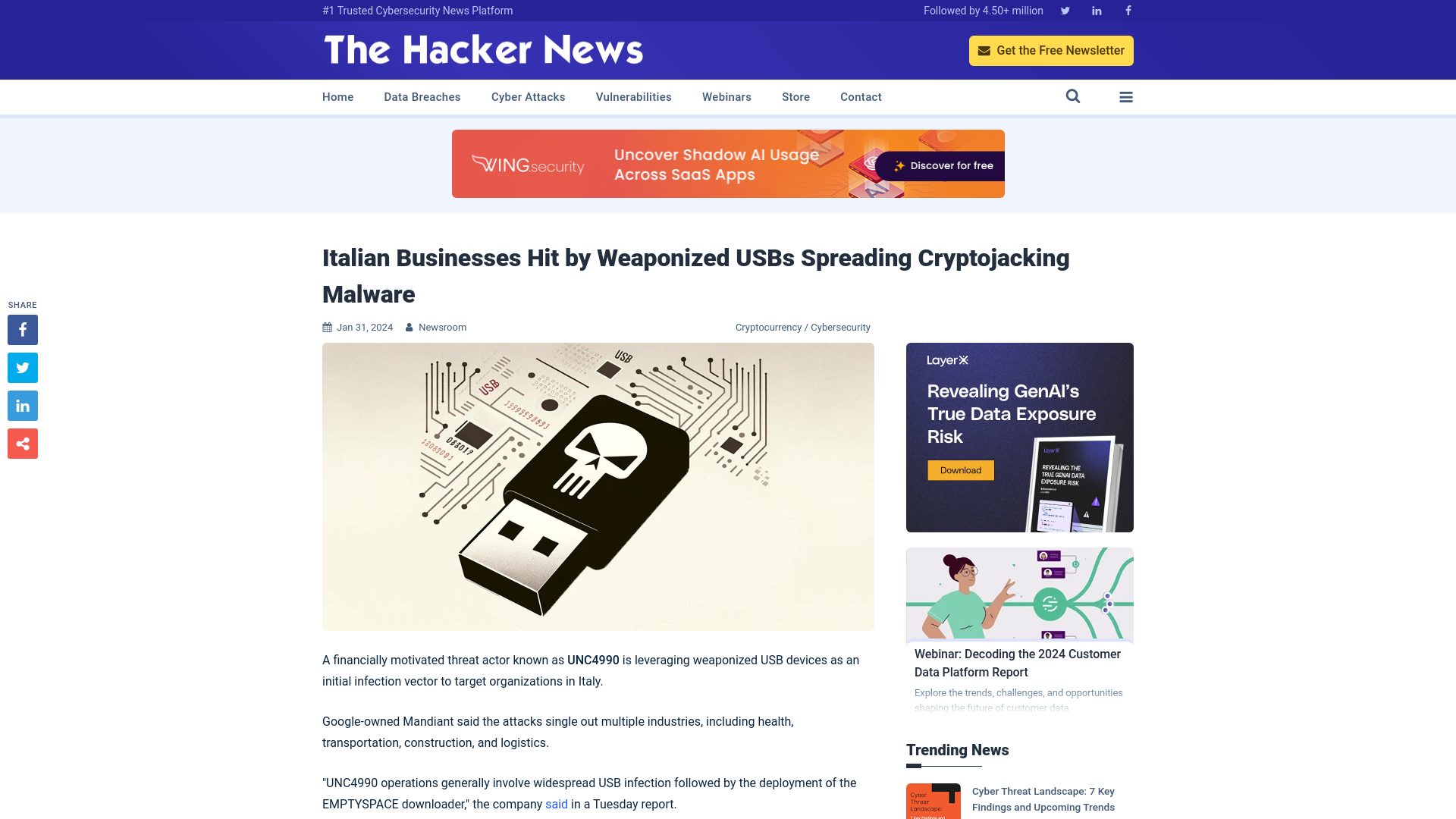 Italian Businesses Hit by Weaponized USBs Spreading Cryptojacking Malware