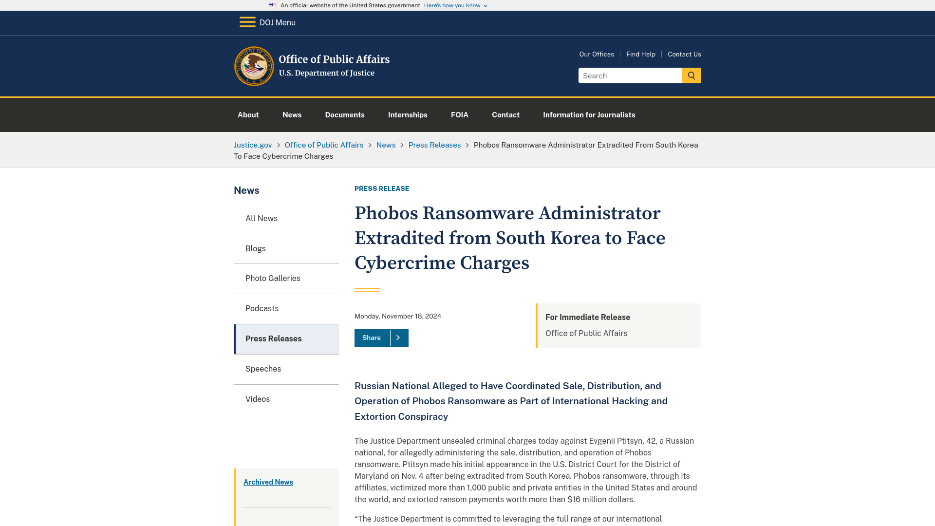 Office of Public Affairs | Phobos Ransomware Administrator Extradited from South Korea to Face Cybercrime Charges | United States Department of Justice