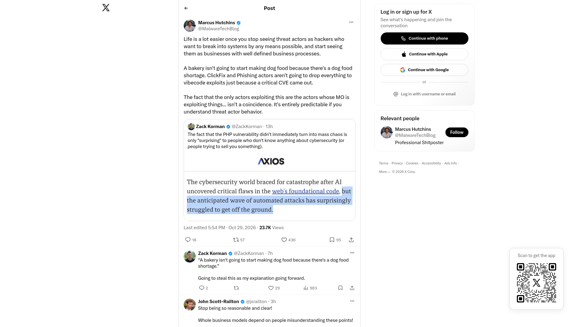 Marcus Hutchins on X: "Life is a lot easier once you stop seeing threat actors as hackers who want to break into systems by any means possible, and start seeing them as businesses with well defined business processes. A bakery isn't going to start making dog food because there's a dog food shorta… / X