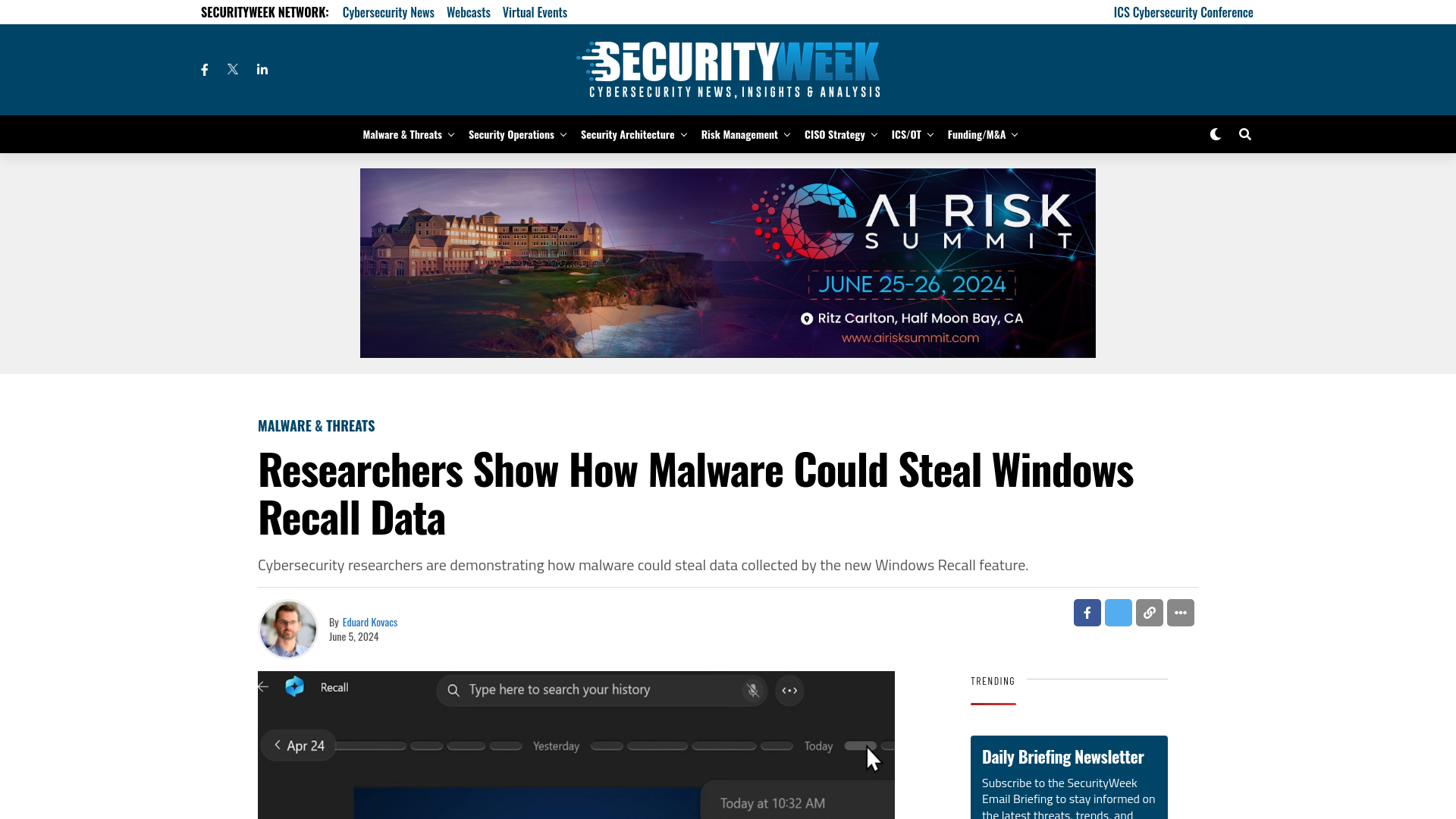 Researchers Show How Malware Could Steal Windows Recall Data - SecurityWeek