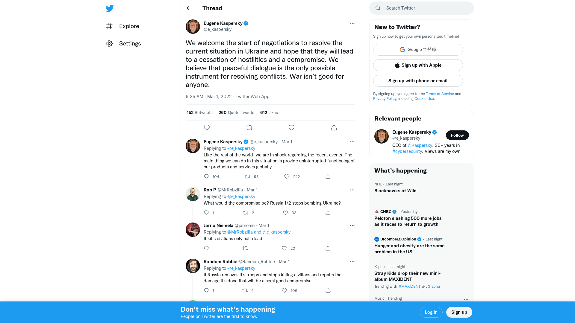 Eugene Kaspersky on Twitter: "We welcome the start of negotiations to resolve the current situation in Ukraine and hope that they will lead to a cessation of hostilities and a compromise. We believe that peaceful dialogue is the only possible instrument for resolving conflicts. War isn’t good for anyone." / Twitter