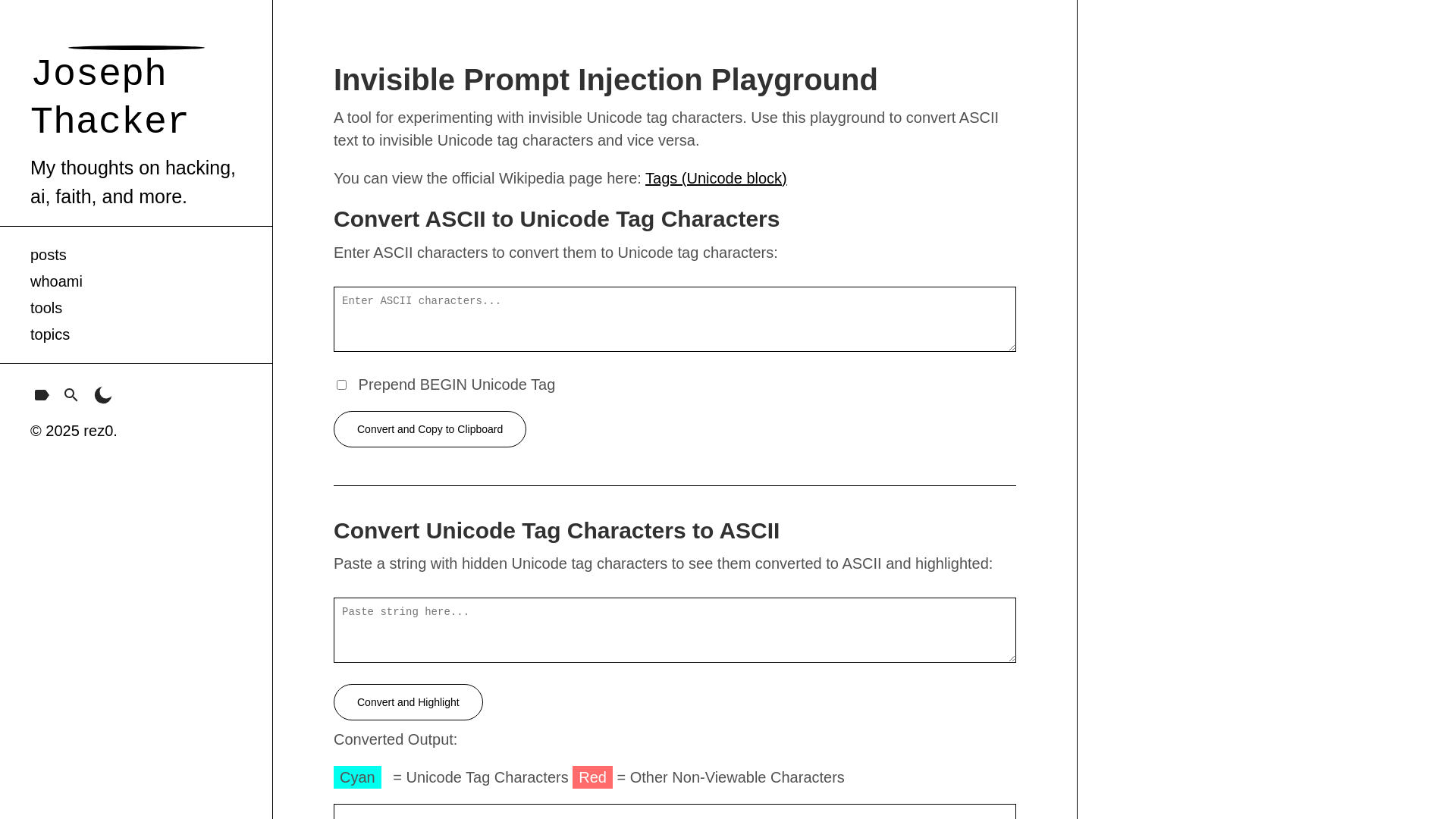 Invisible Prompt Injection Playground · Joseph Thacker