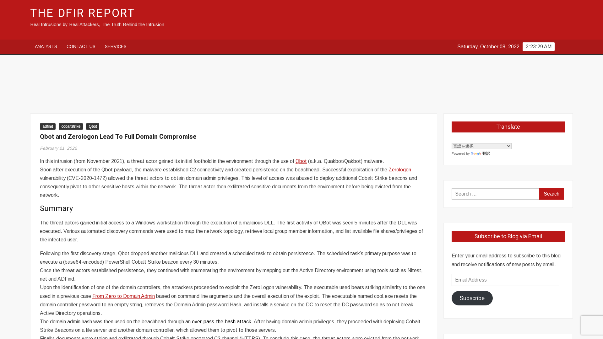 Qbot and Zerologon Lead To Full Domain Compromise – The DFIR Report
