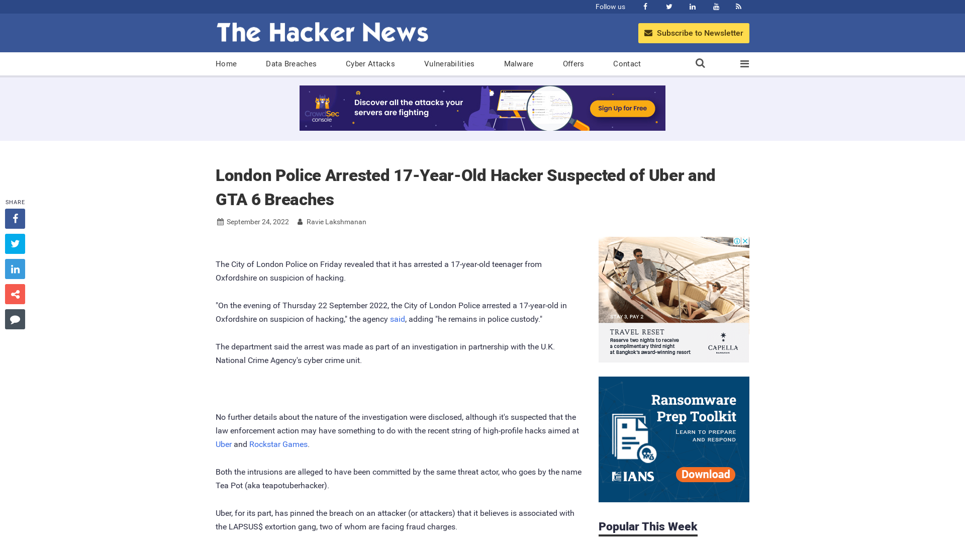 London Police Arrested 17-Year-Old Hacker Suspected of Uber and GTA 6 Breaches