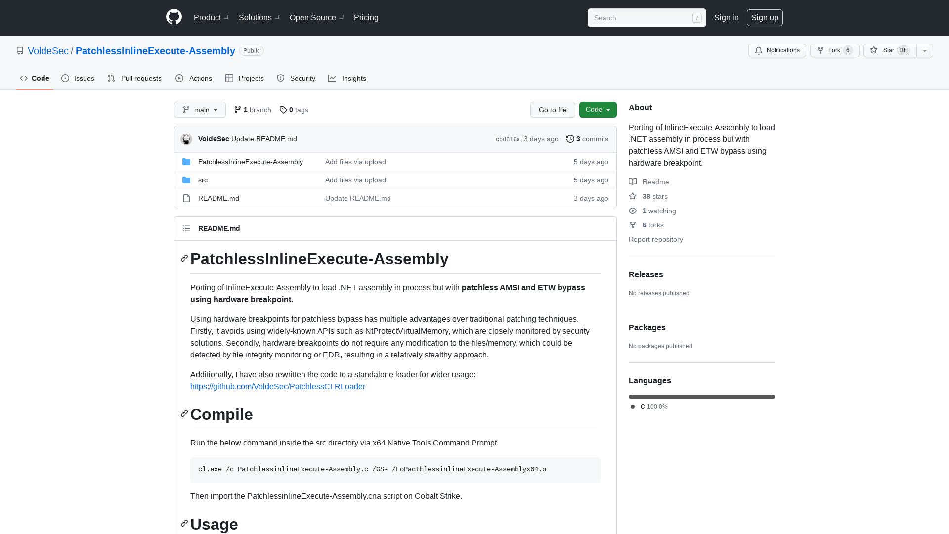 GitHub - VoldeSec/PatchlessInlineExecute-Assembly: Porting of InlineExecute-Assembly to load .NET assembly in process but with patchless AMSI and ETW bypass using hardware breakpoint.