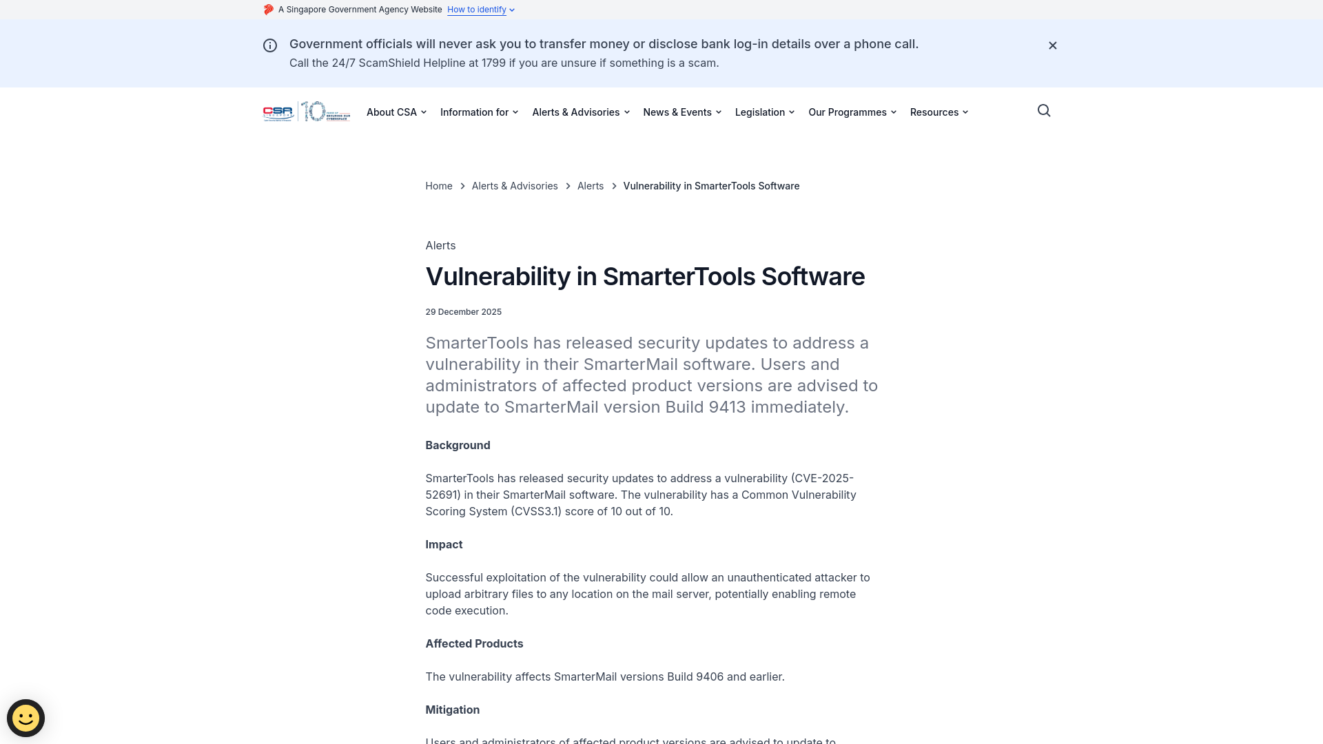 Vulnerability in SmarterTools Software | Cyber Security Agency of Singapore