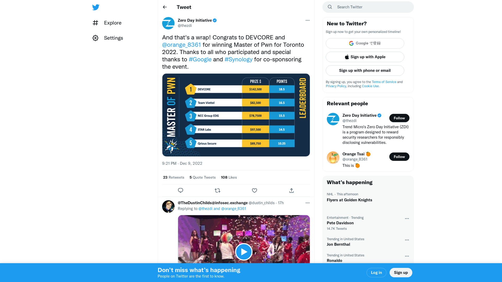 Zero Day Initiative on Twitter: "And that's a wrap! Congrats to DEVCORE and @orange_8361 for winning Master of Pwn for Toronto 2022. Thanks to all who participated and special thanks to #Google and #Synology for co-sponsoring the event. https://t.co/3lOHjzC2ln" / Twitter