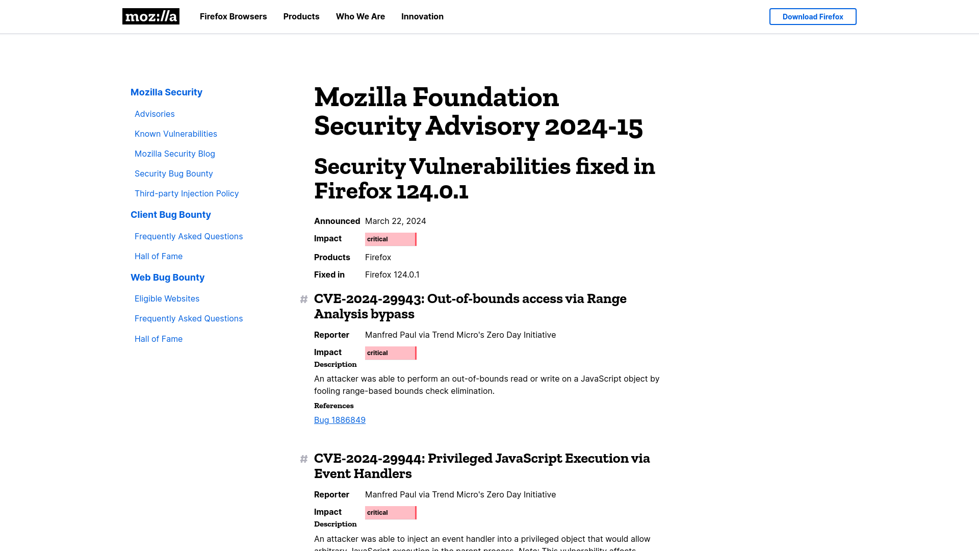 Security Vulnerabilities fixed in Firefox 124.0.1 — Mozilla