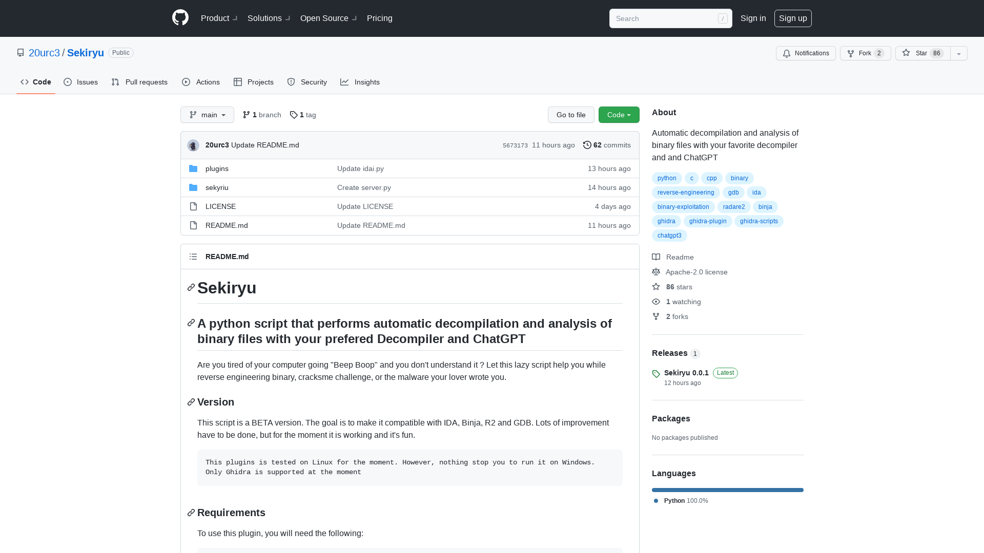 GitHub - 20urc3/Sekiryu: Automatic decompilation and analysis of binary files with your favorite decompiler and and ChatGPT