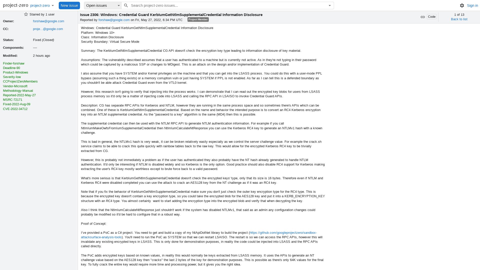 2306 - Windows: Credential Guard KerbIumGetNtlmSupplementalCredential Information Disclosure - project-zero