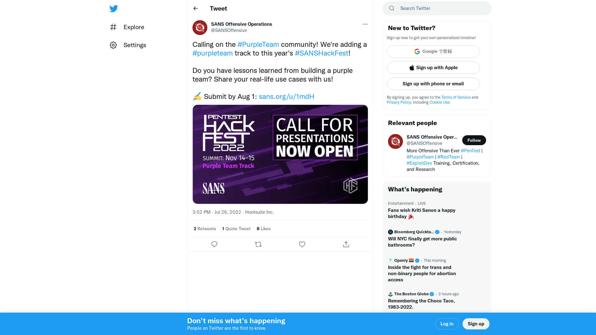 SANS Offensive Operations on Twitter: "Calling on the #PurpleTeam community! We're adding a #purpleteam track to this year's #SANSHackFest! Do you have lessons learned from building a purple team? Share your real-life use cases with us! ✍️ Submit by Aug 1: https://t.co/fVCcCXj9ca https://t.co/lSkr6XQ38g" / Twitter