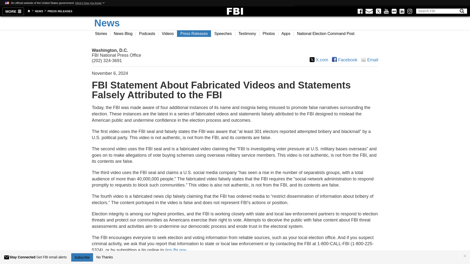 FBI Statement About Fabricated Videos and Statements Falsely Attributed to the FBI — FBI