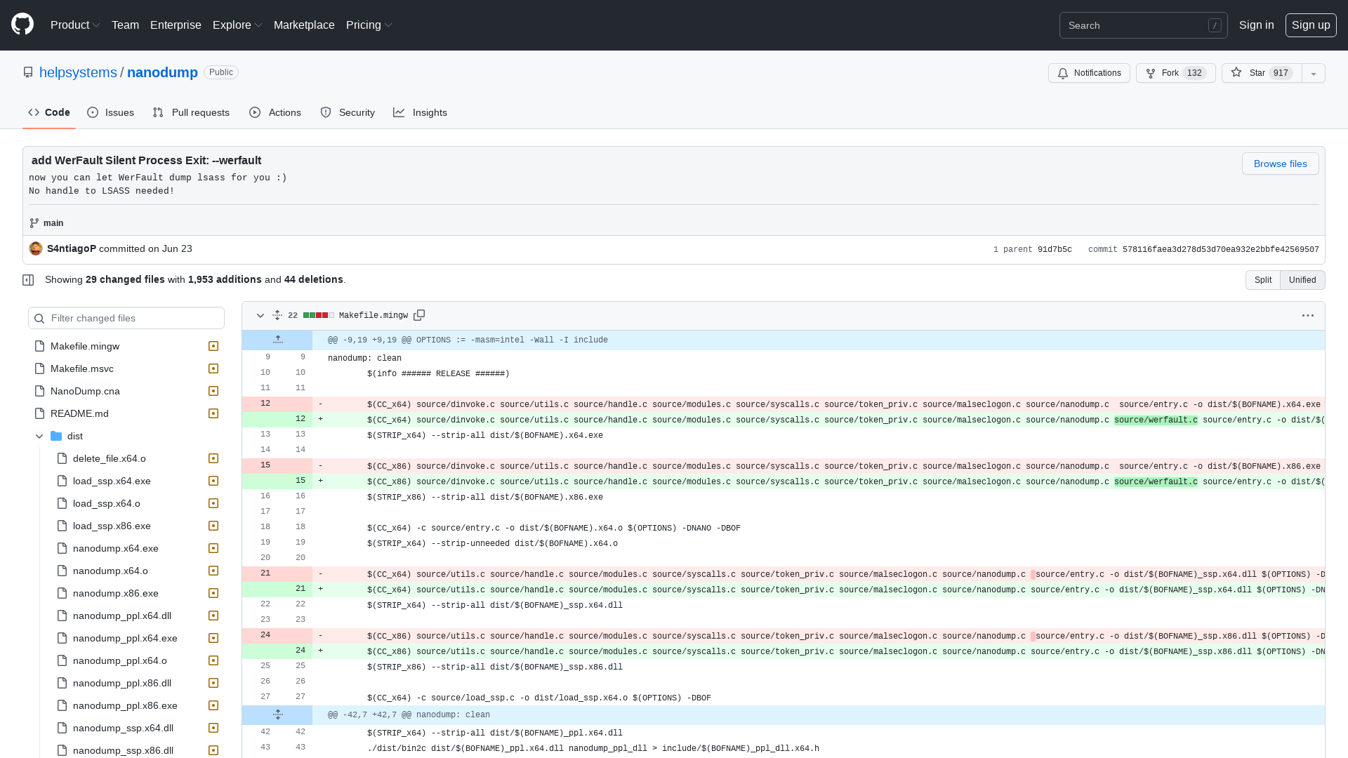 add WerFault Silent Process Exit: --werfault · helpsystems/nanodump@578116f · GitHub