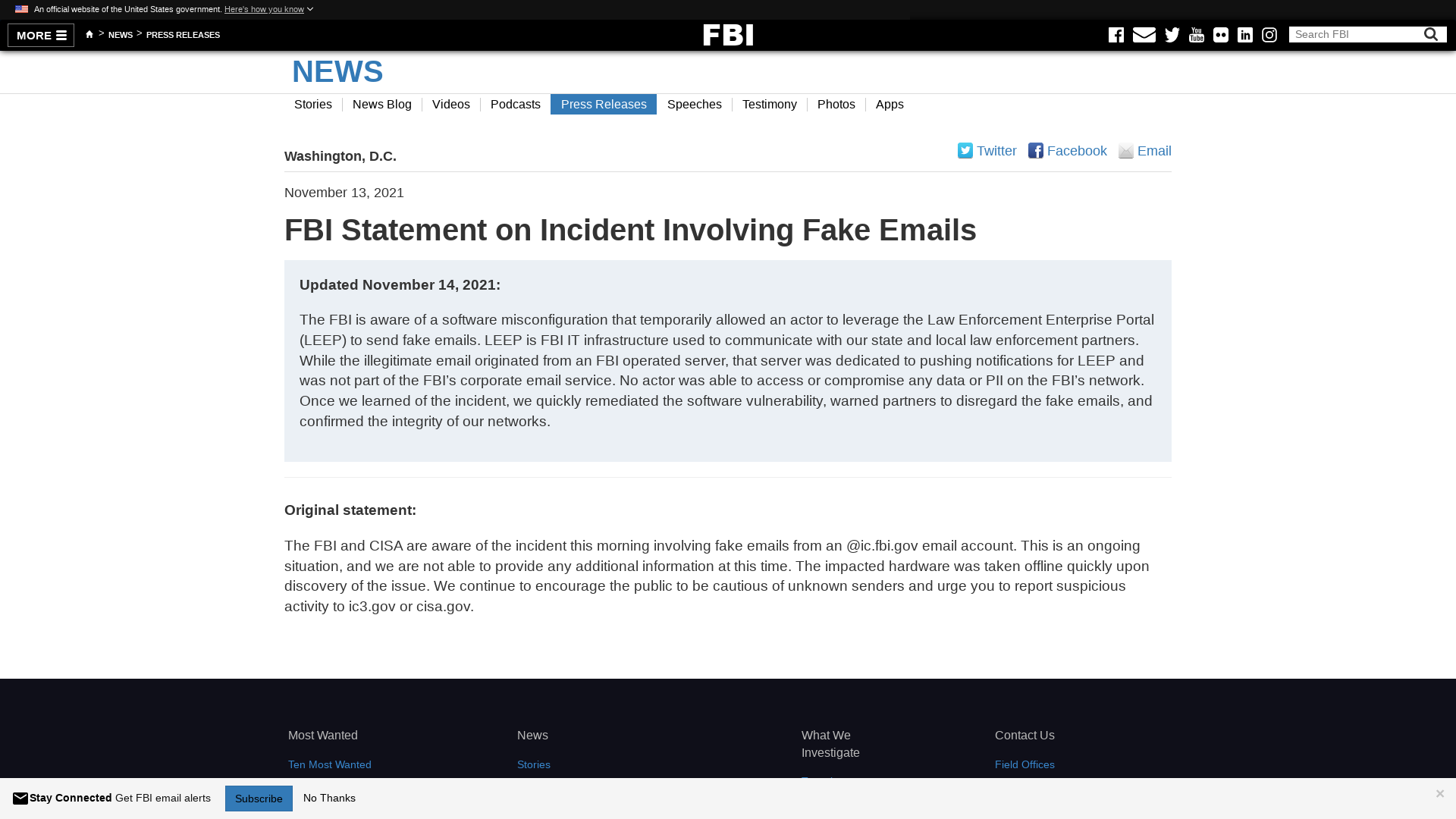 FBI Statement on Incident Involving Fake Emails — FBI