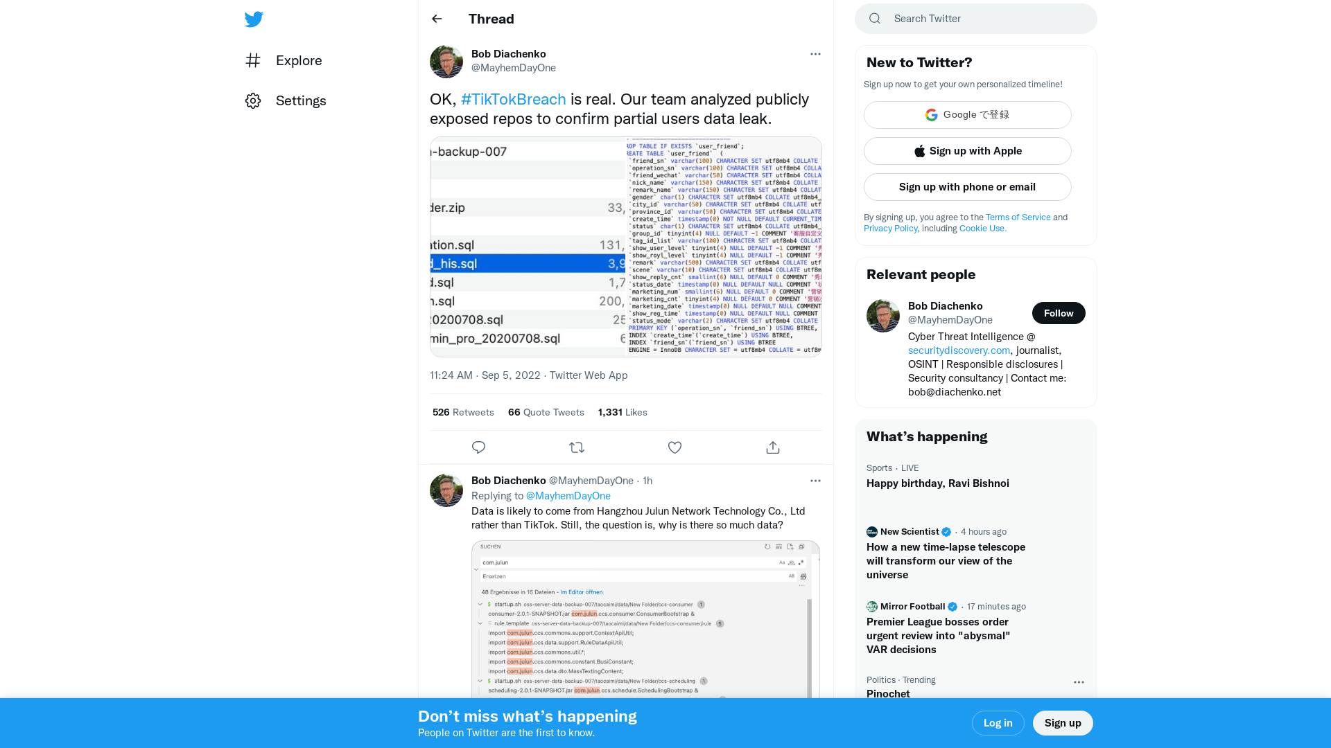 Bob Diachenko on Twitter: "OK, #TikTokBreach is real. Our team analyzed publicly exposed repos to confirm partial users data leak. https://t.co/8ygcRKBMc3" / Twitter