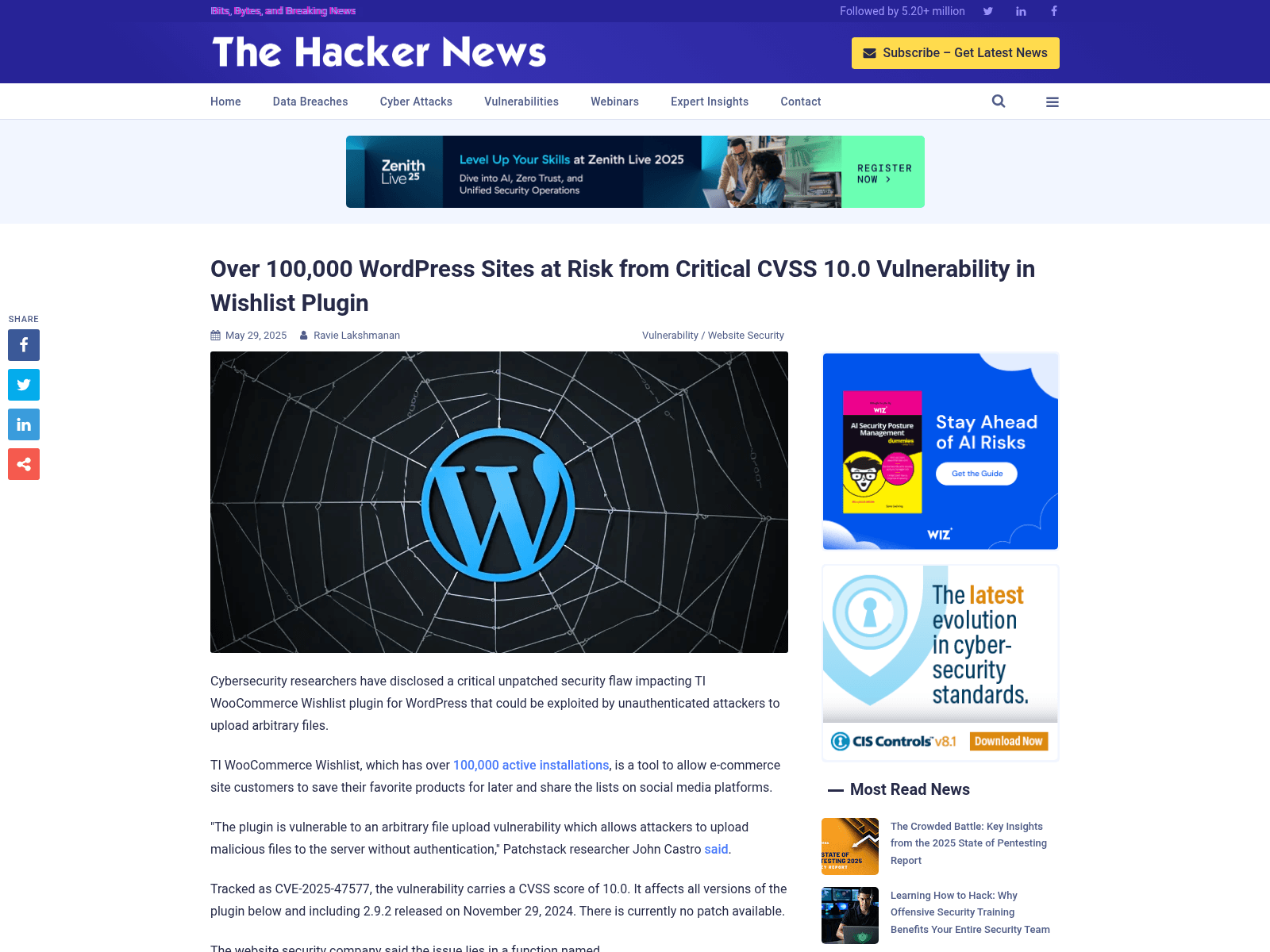 Over 100,000 WordPress Sites at Risk from Critical CVSS 10.0 Vulnerability in Wishlist Plugin