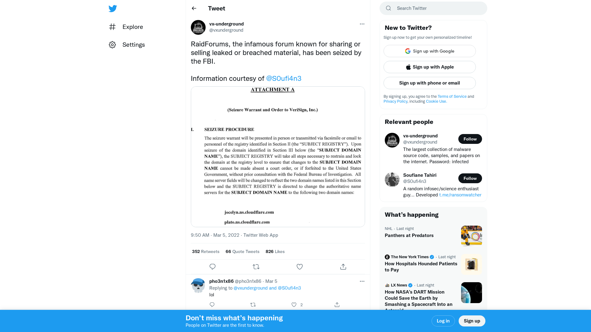 vx-underground on Twitter: "RaidForums, the infamous forum known for sharing or selling leaked or breached material, has been seized by the FBI. Information courtesy of @S0ufi4n3 https://t.co/6m7PepgLLo" / Twitter