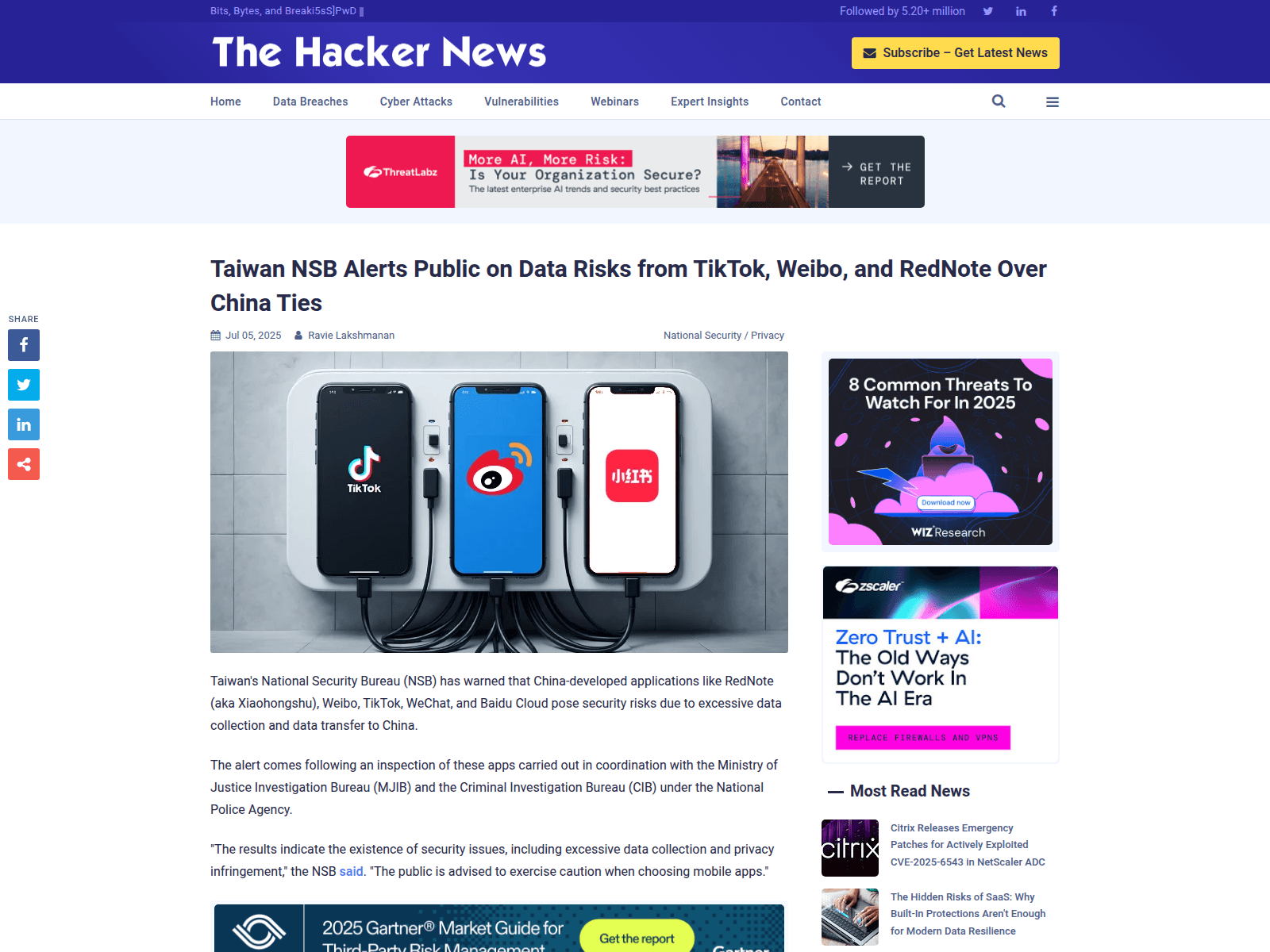 Taiwan NSB Alerts Public on Data Risks from TikTok, Weibo, and RedNote Over China Ties