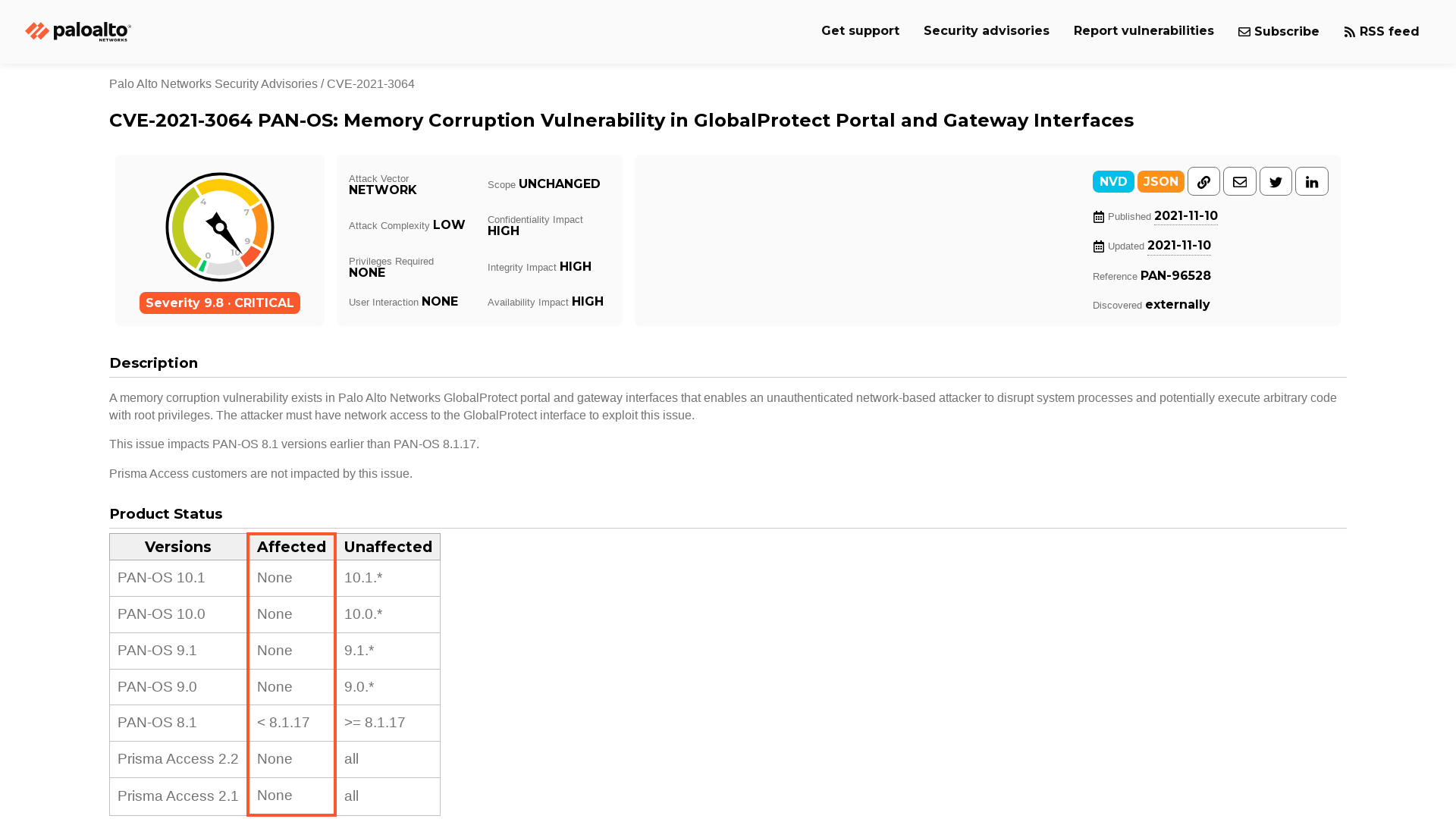 CVE-2021-3064 PAN-OS: Memory Corruption Vulnerability in GlobalProtect Portal and Gateway Interfaces