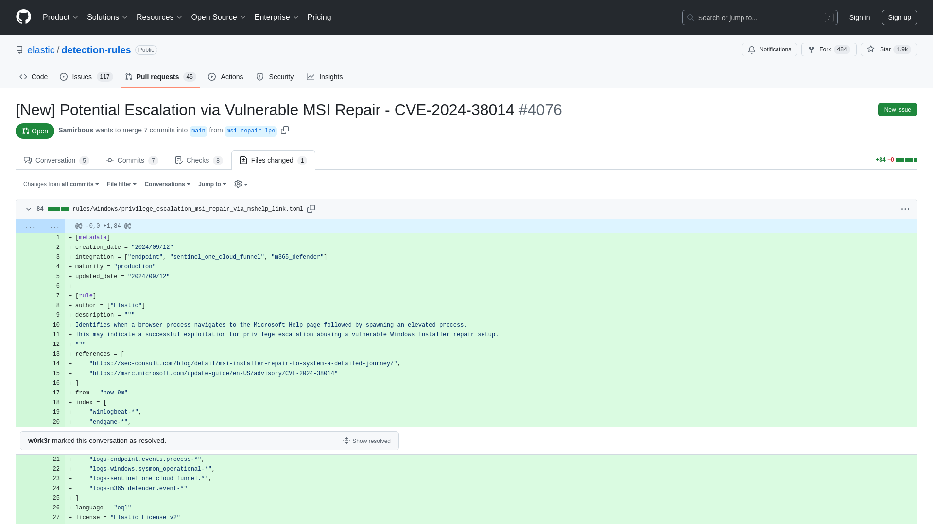 [New] Potential Escalation via Vulnerable MSI Repair - CVE-2024-38014 by Samirbous · Pull Request #4076 · elastic/detection-rules · GitHub