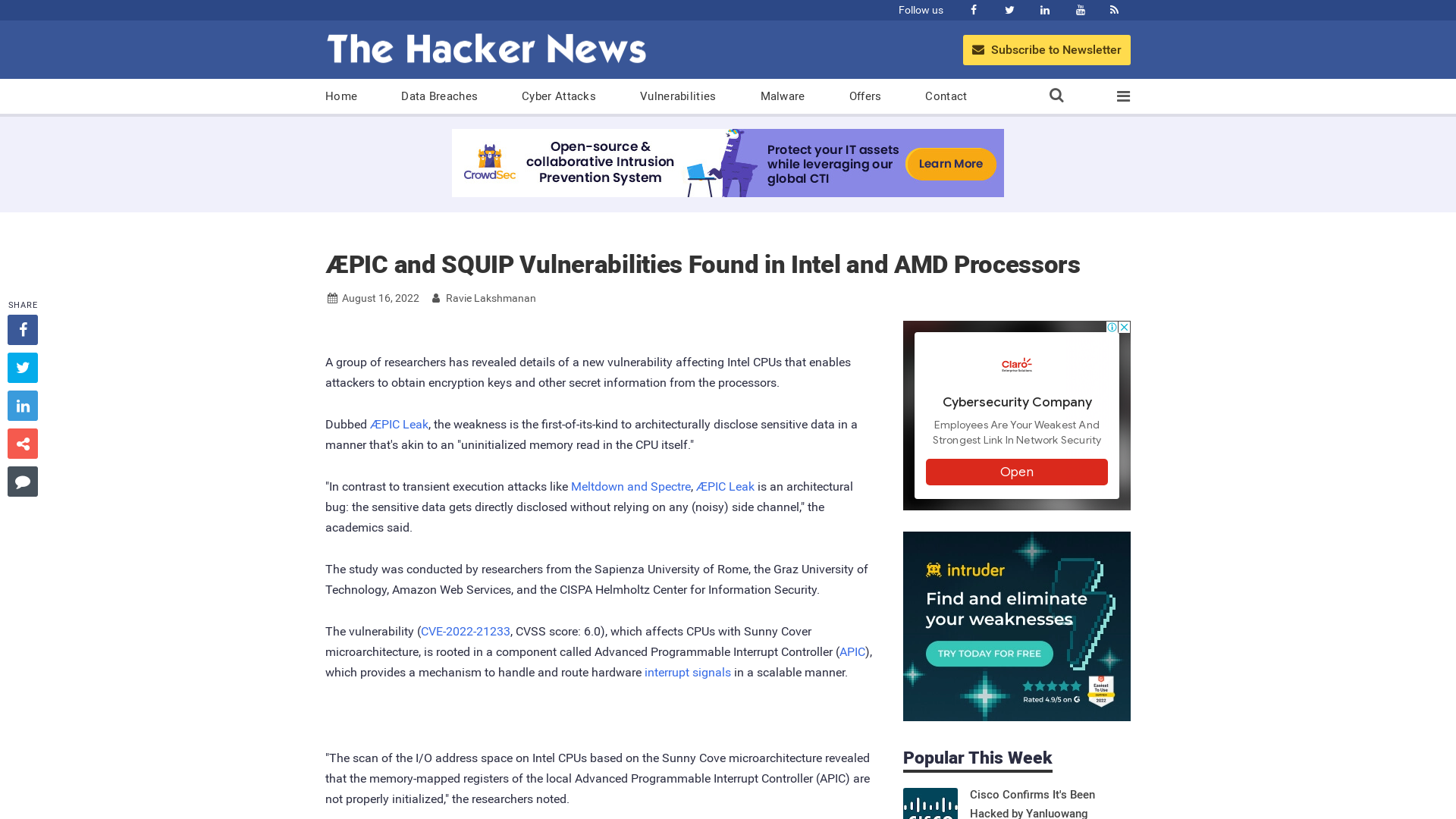 ÆPIC and SQUIP Vulnerabilities Found in Intel and AMD Processors