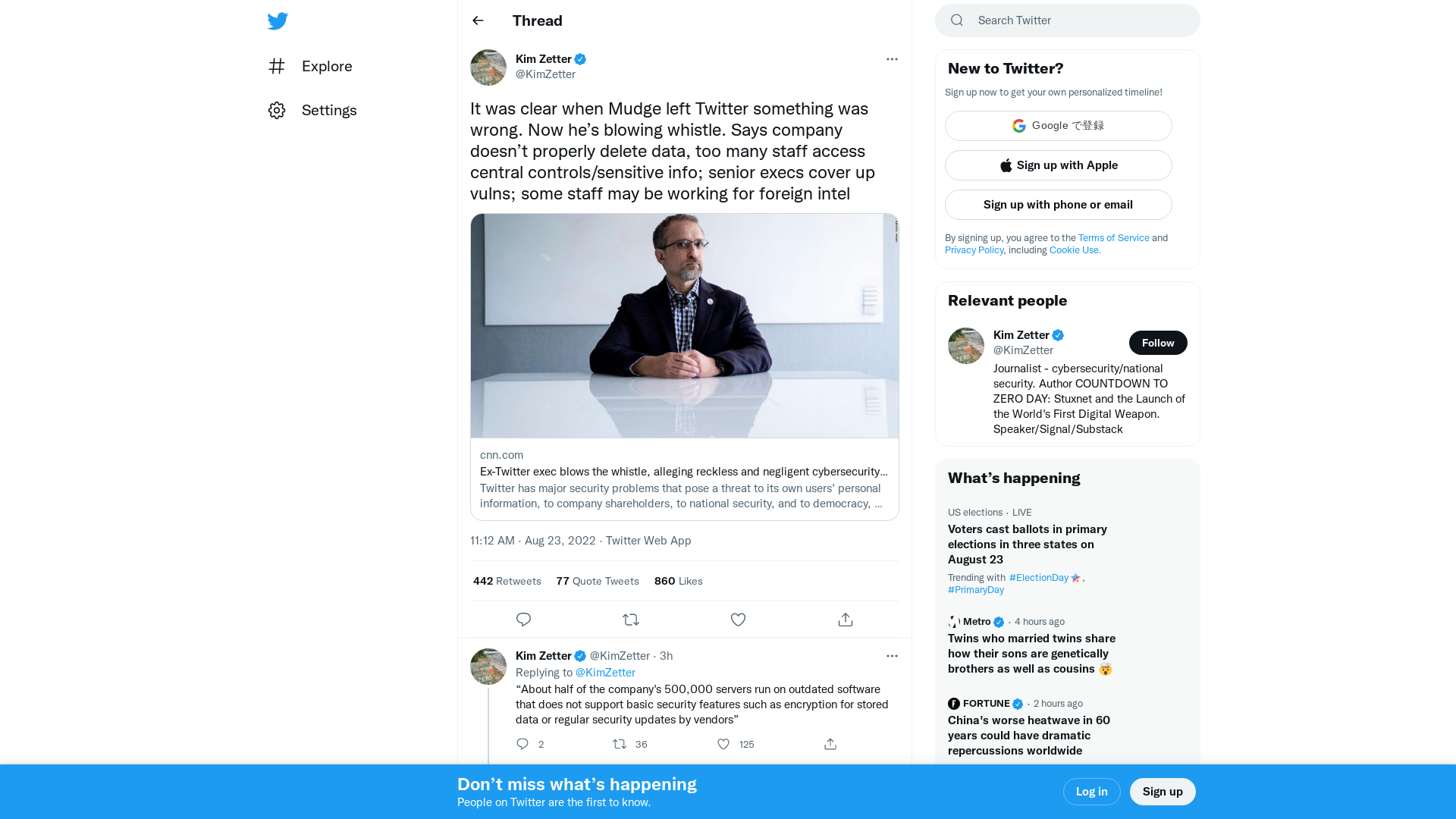 Kim Zetter on Twitter: "It was clear when Mudge left Twitter something was wrong. Now he’s blowing whistle. Says company doesn’t properly delete data, too many staff access central controls/sensitive info; senior execs cover up vulns; some staff may be working for foreign intel https://t.co/U0We4XtD09" / Twitter