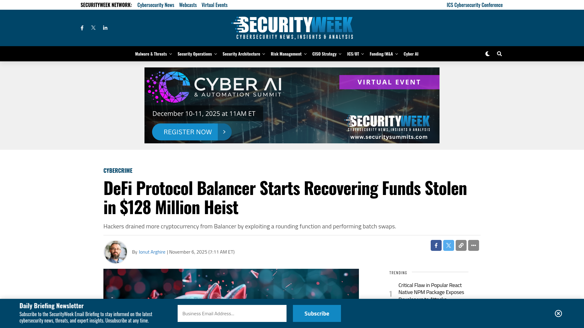 DeFi Protocol Balancer Starts Recovering Funds Stolen in $128 Million Heist - SecurityWeek