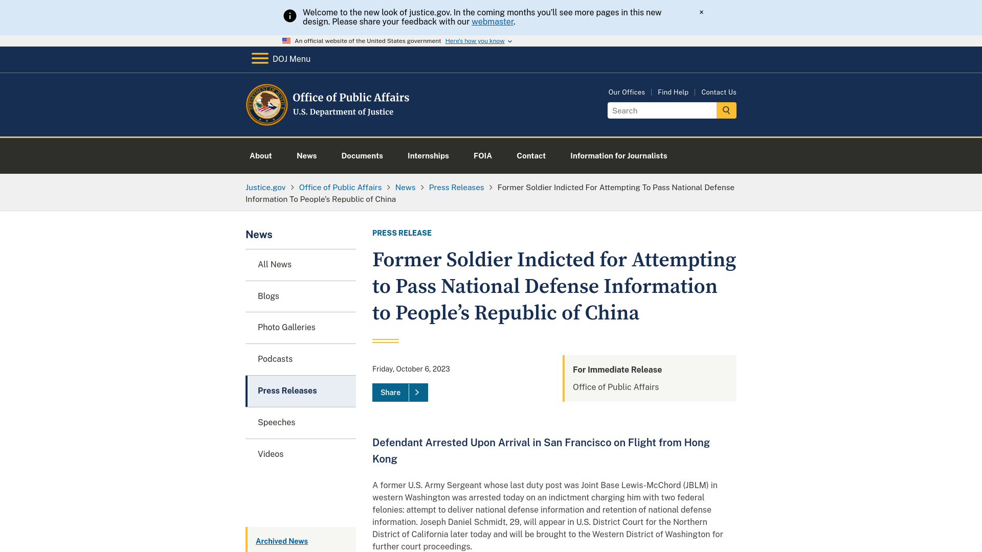 Office of Public Affairs | Former Soldier Indicted for Attempting to Pass National Defense Information to People’s Republic of China | United States Department of Justice