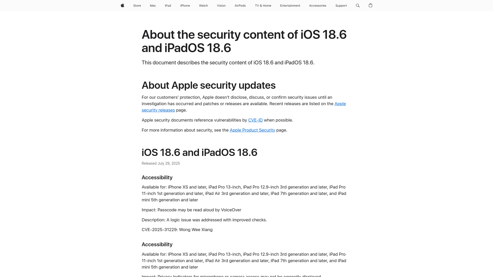 About the security content of iOS 18.6 and iPadOS 18.6 - Apple Support