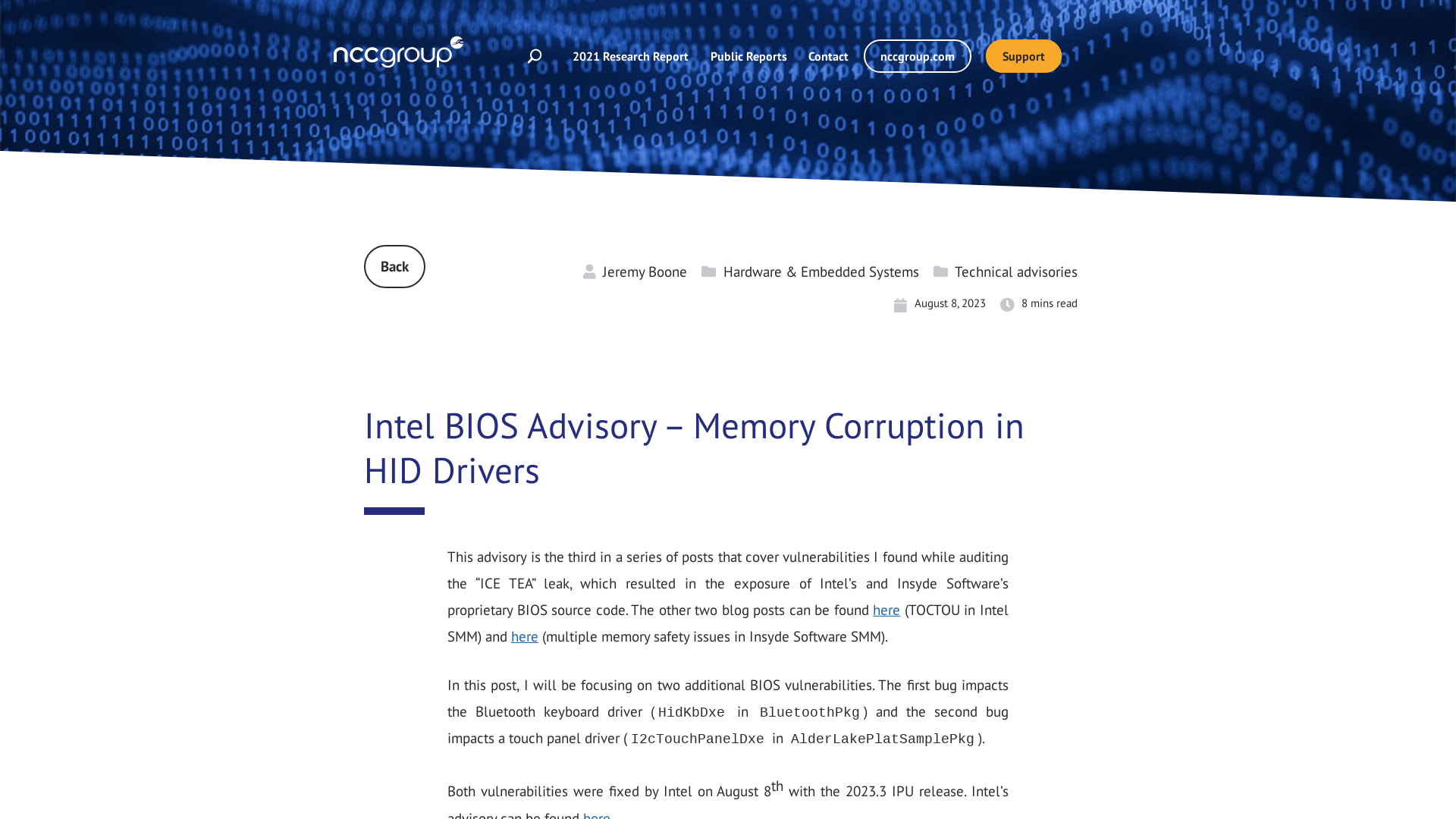 Intel BIOS Advisory – Memory Corruption in HID Drivers  | NCC Group Research Blog | Making the world safer and more secure