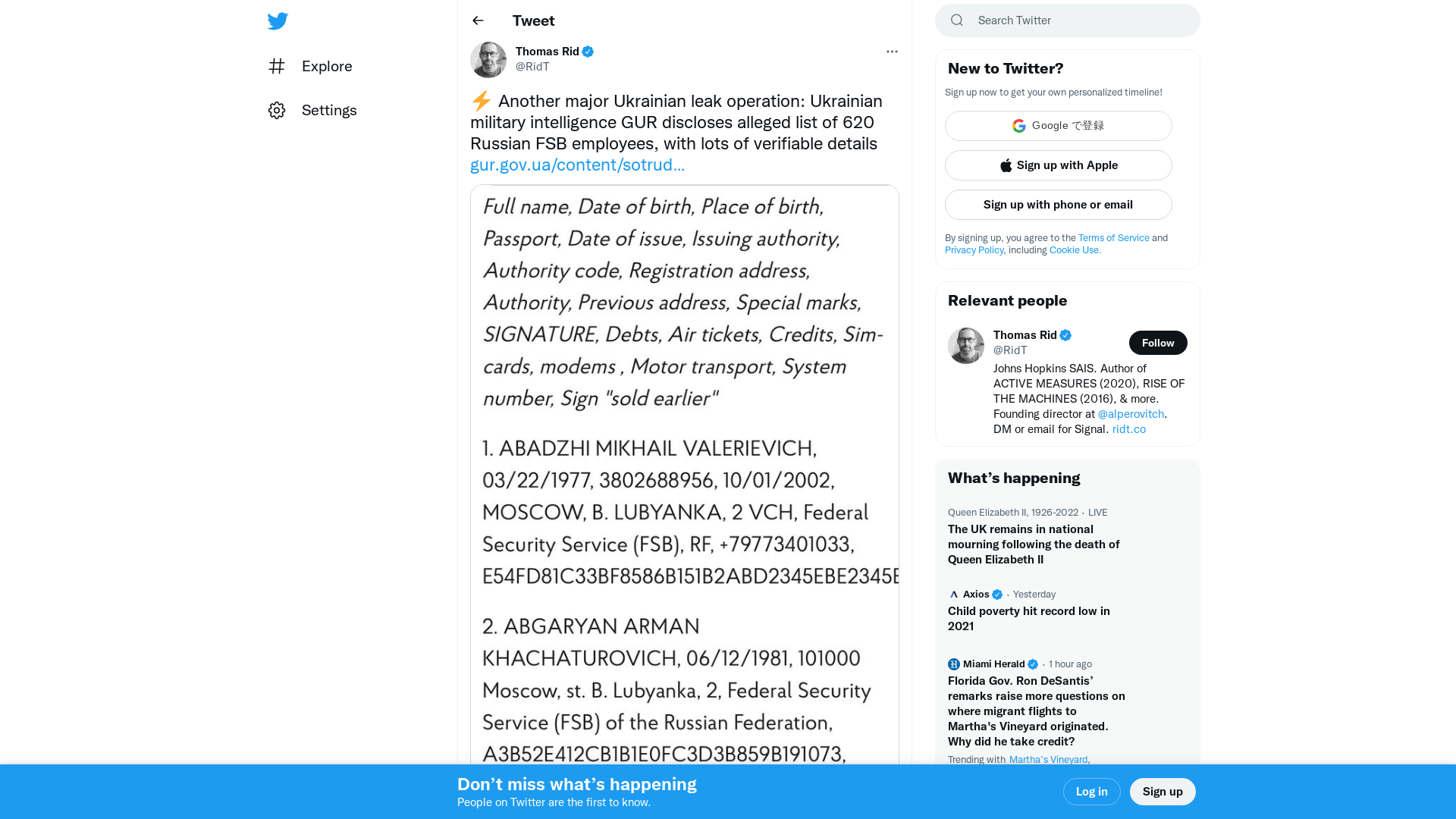 Thomas Rid on Twitter: "⚡️ Another major Ukrainian leak operation: Ukrainian military intelligence GUR discloses alleged list of 620 Russian FSB employees, with lots of verifiable details https://t.co/hzB7emMvYt https://t.co/uLBewc2RLM" / Twitter